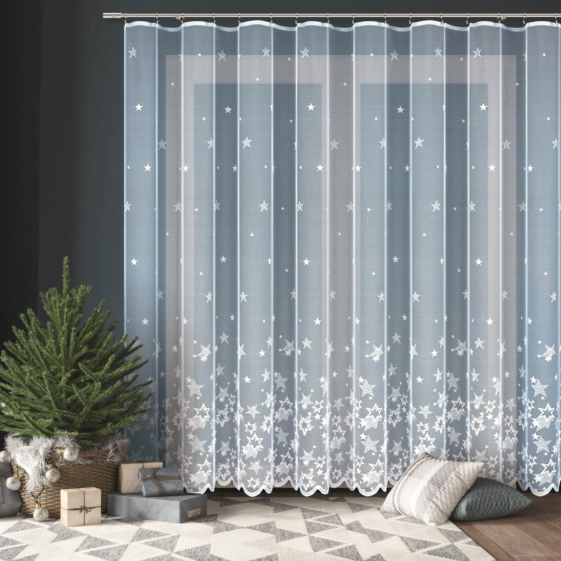 TextilCentrum kusová záclona HVĚZDY 12954, zimní, vánoční vzor, jednobarevná bílá, výška 150 cm x šířka 600 cm (na okno)