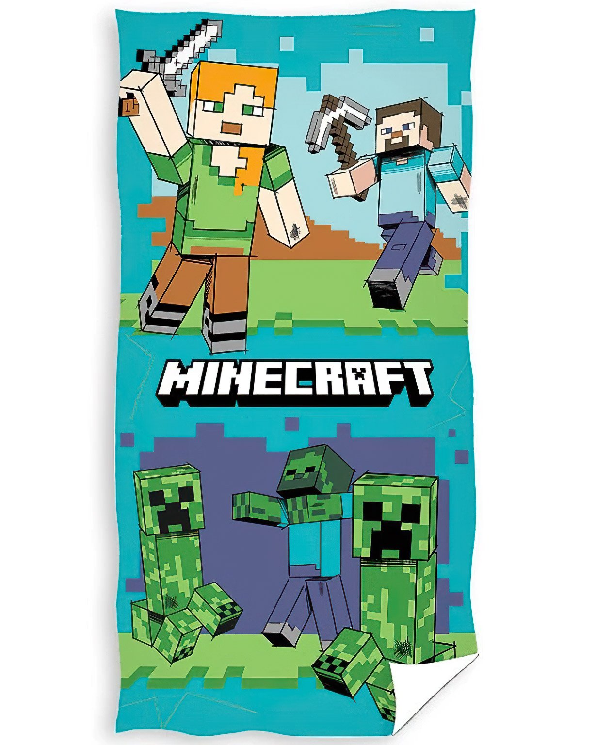 Dětská plážová osuška MINECRAFT VZHŮRU DO BOJE, tyrkysová, froté, 70x140cm