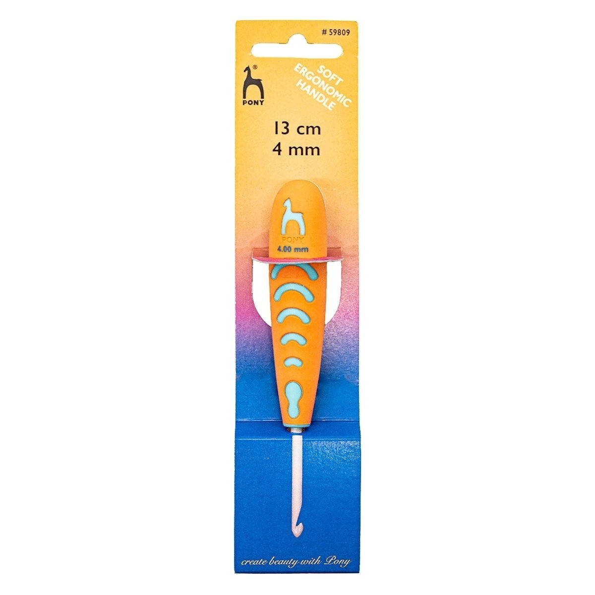 Háček na háčkování ergonomický PONY, hliník/plast 59809, velikost 4mm, délka 13cm