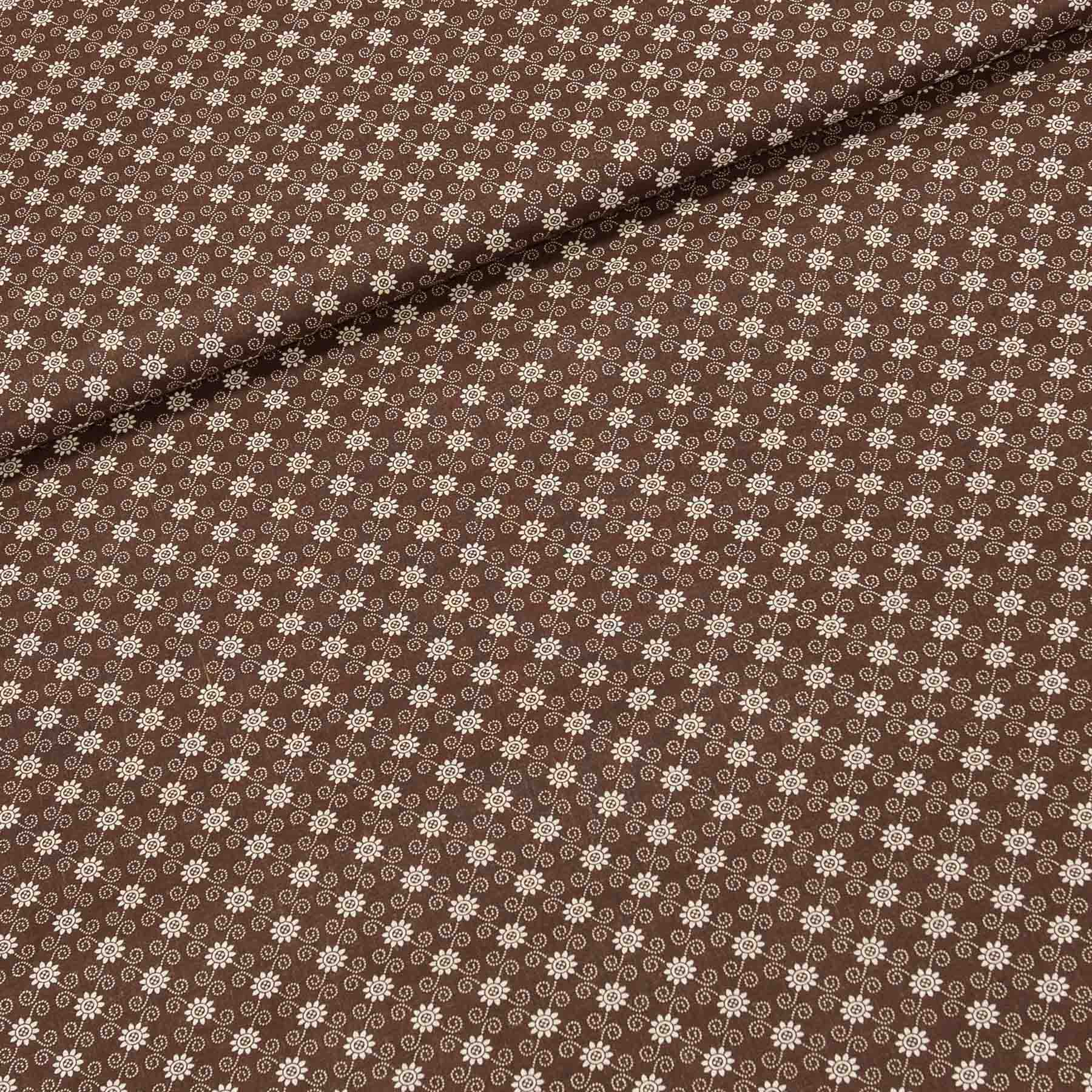 Levně Bavlněné plátno 103000/13234 BROWN, bílé kvítky a spirálky na tmavě hnědé, š.140cm (látka v metráži)