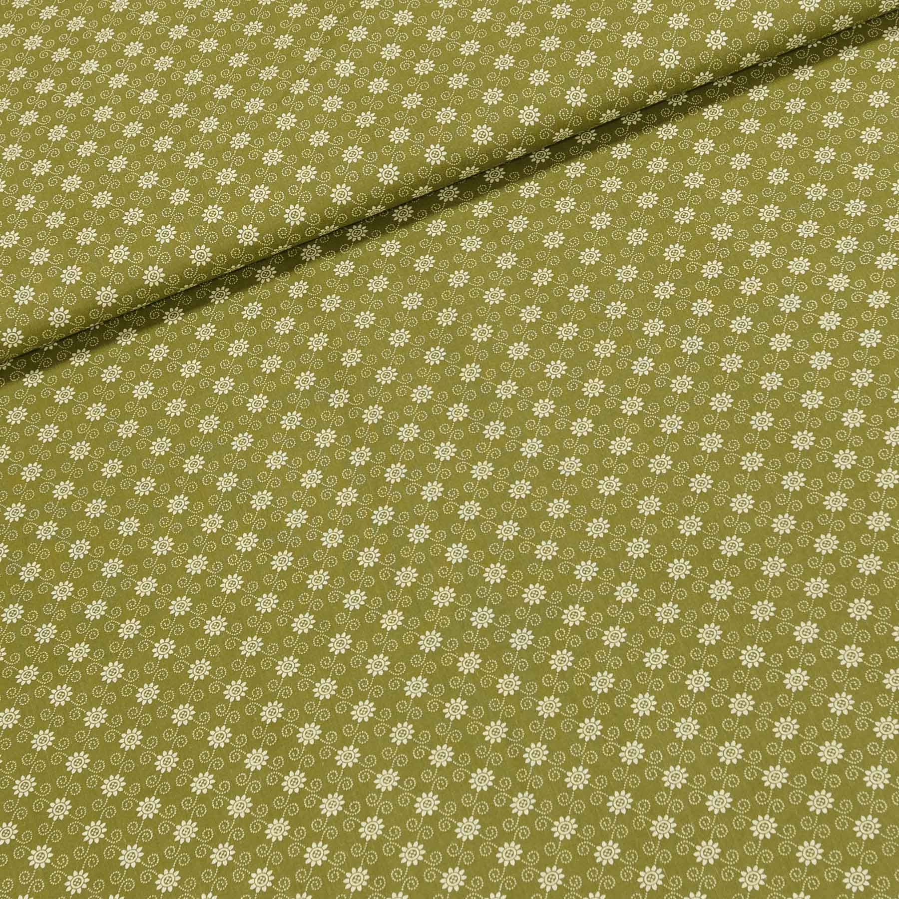 Levně Bavlněné plátno 103000/13234 OLIVA, bílé kvítky a spirálky na olivově zelené, š.140cm (látka v metráži)