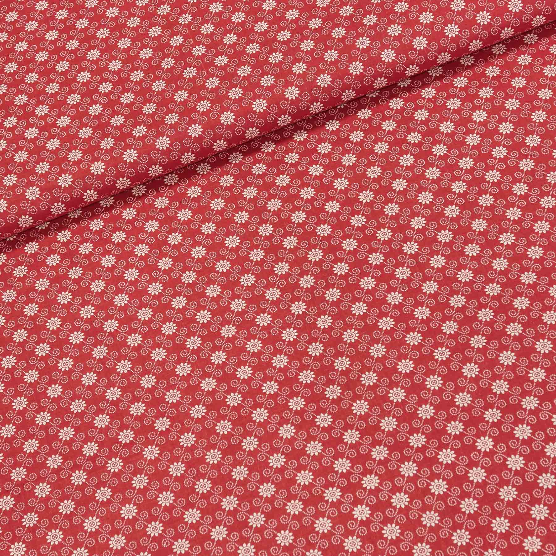 Levně Bavlněné plátno 103000/13234 RED, bílé kvítky a spirálky na červené, š.140cm (látka v metráži)