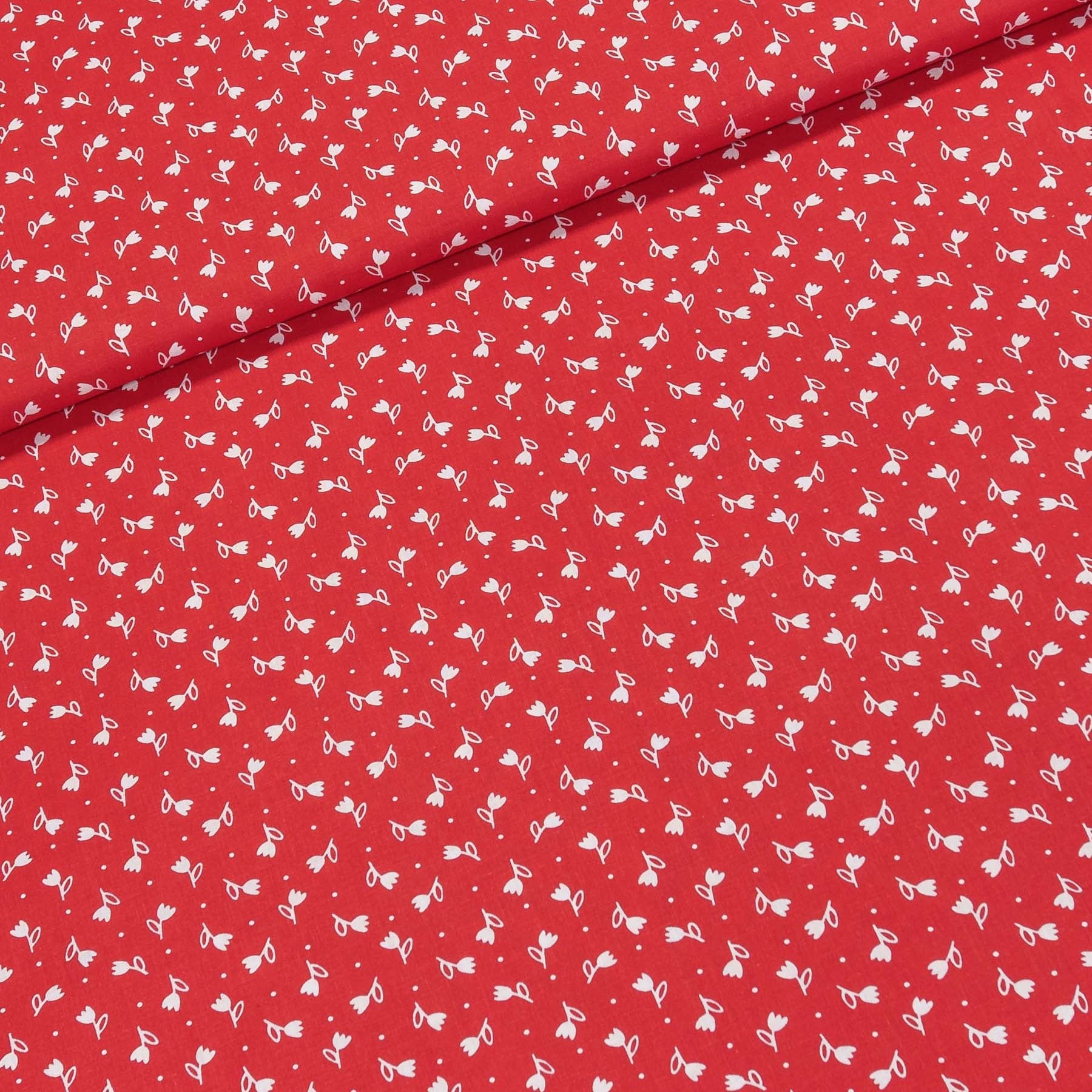 Levně Bavlněné plátno 103000/13794 RED, bílé tulipánky na červené, š.140cm (látka v metráži)