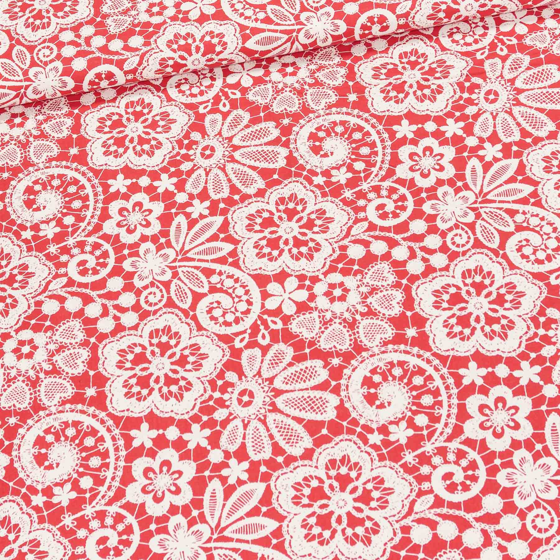 Bavlněné plátno 213599-09, krajkový vzor na červené, š.150cm (látka v metráži)