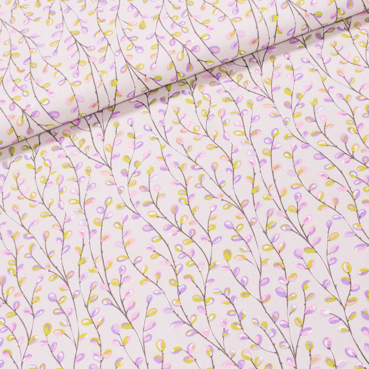 Bavlněné plátno 383722/12, vrbové proutky s barevnými kočičkami, š.140cm (látka v metráži)