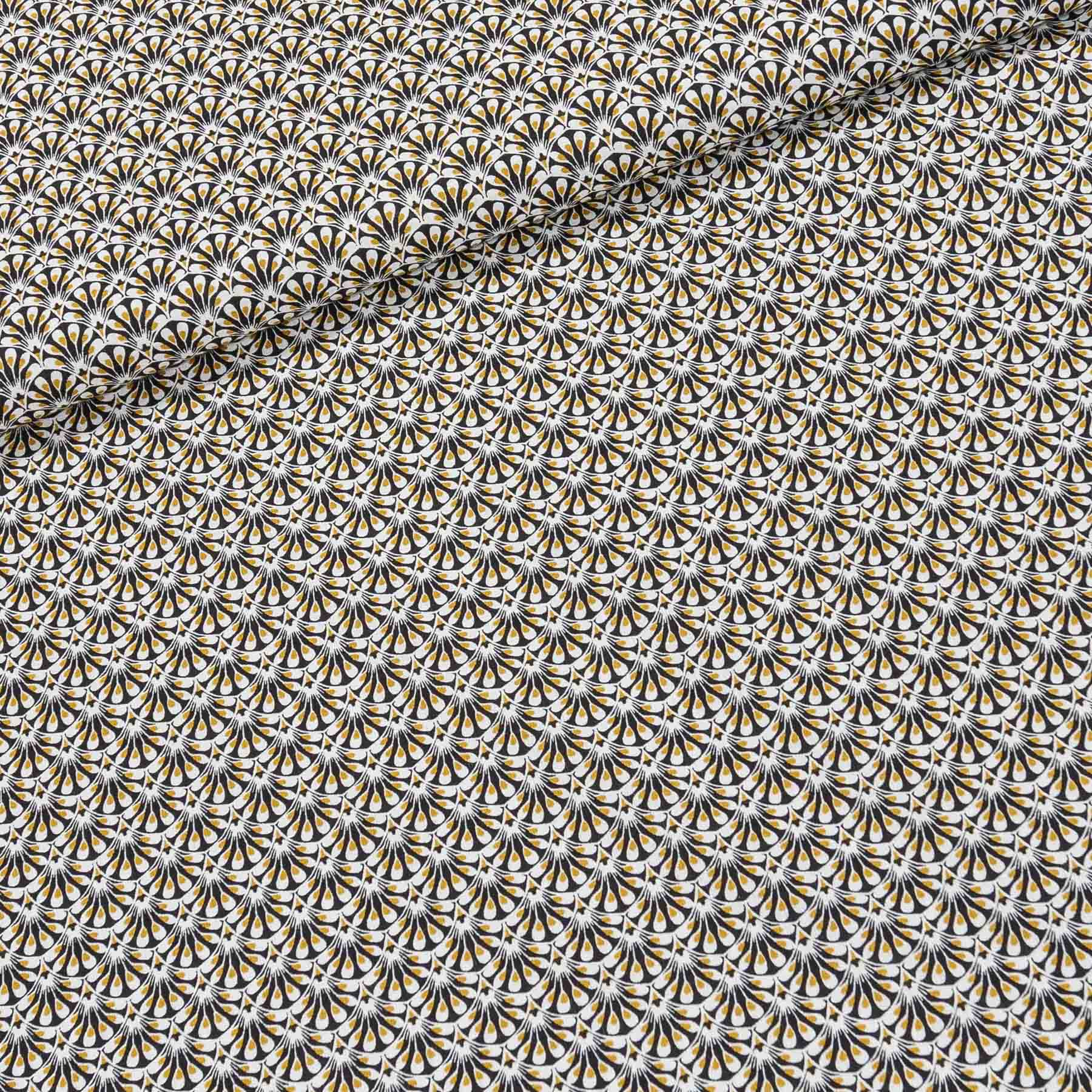 Bavlněné plátno 5063-012, černo-okrové vějířky, š.160cm (látka v metráži)