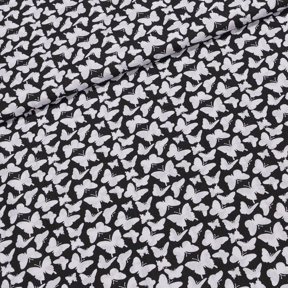 Bavlněné plátno ANIKA bílý motýlek na černé, š.160cm (látka v metráži)