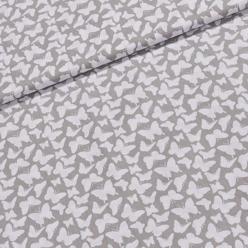 Bavlněné plátno ANIKA bílý motýlek na šedé, š.160cm (látka v metráži)