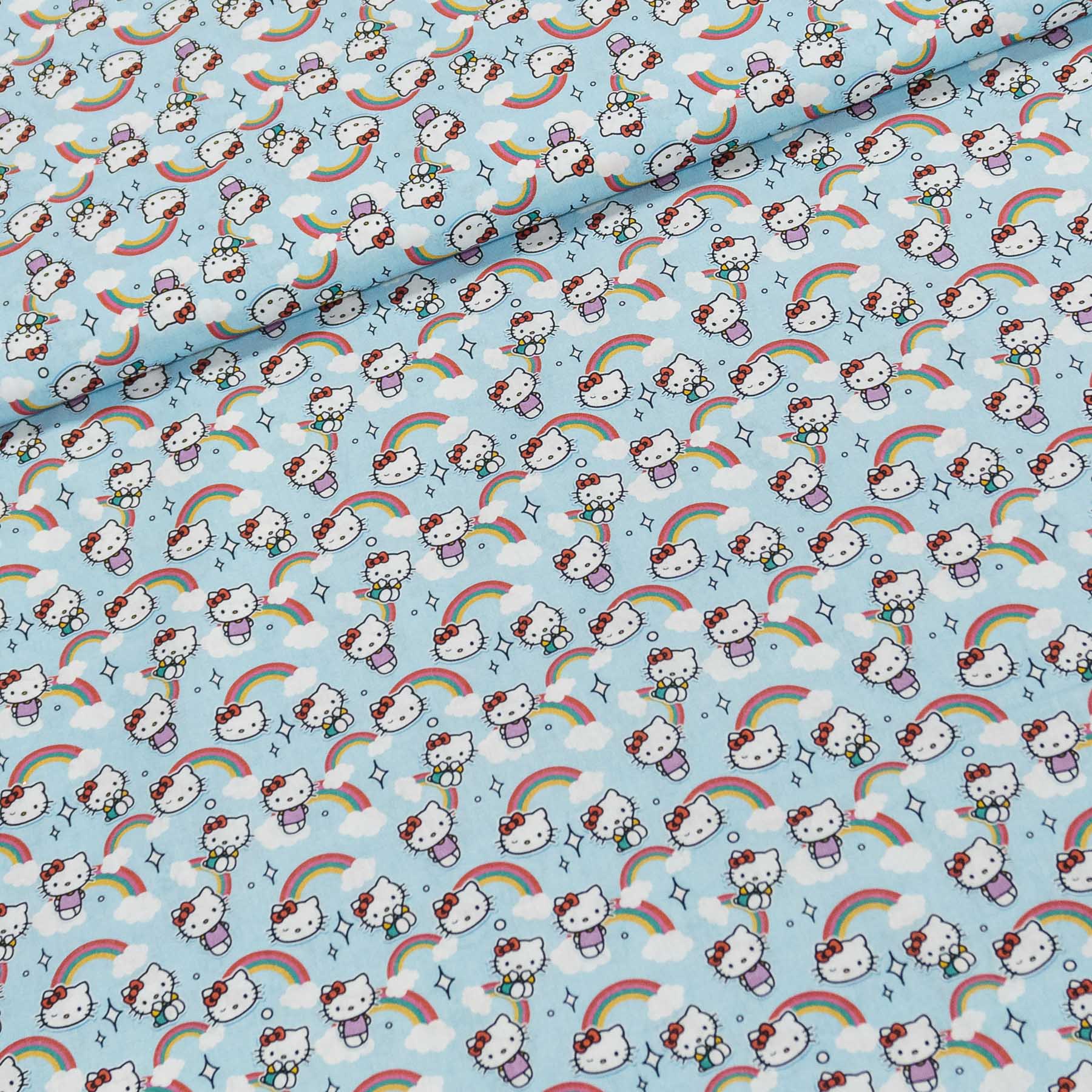 Bavlněné plátno dětské 7023, HELOO KITTY a duha na modré, š.150cm (látka v metráži)