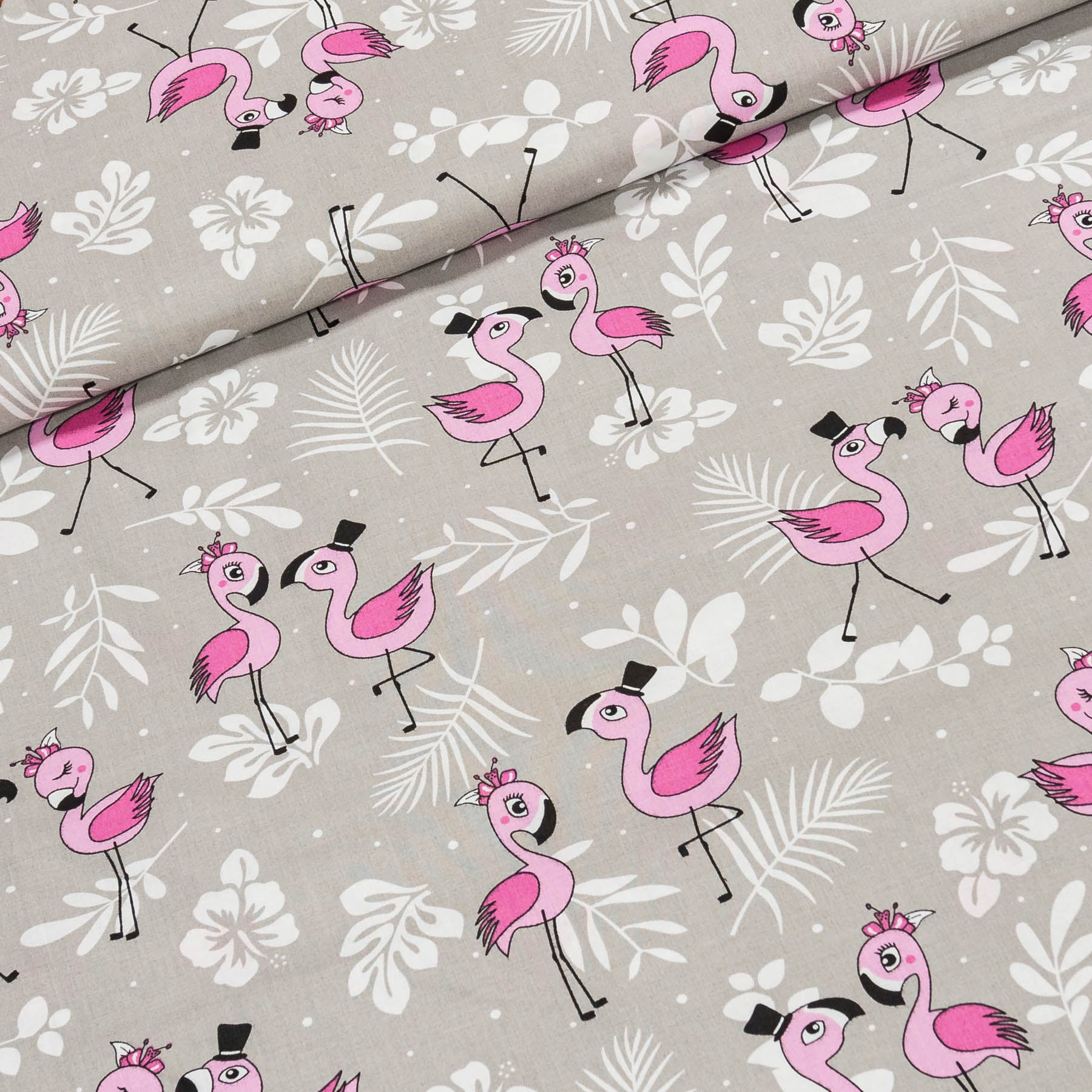 Bavlněné plátno dětské ARIA růžoví plameňáci na šedé š.160cm (látka v metráži)