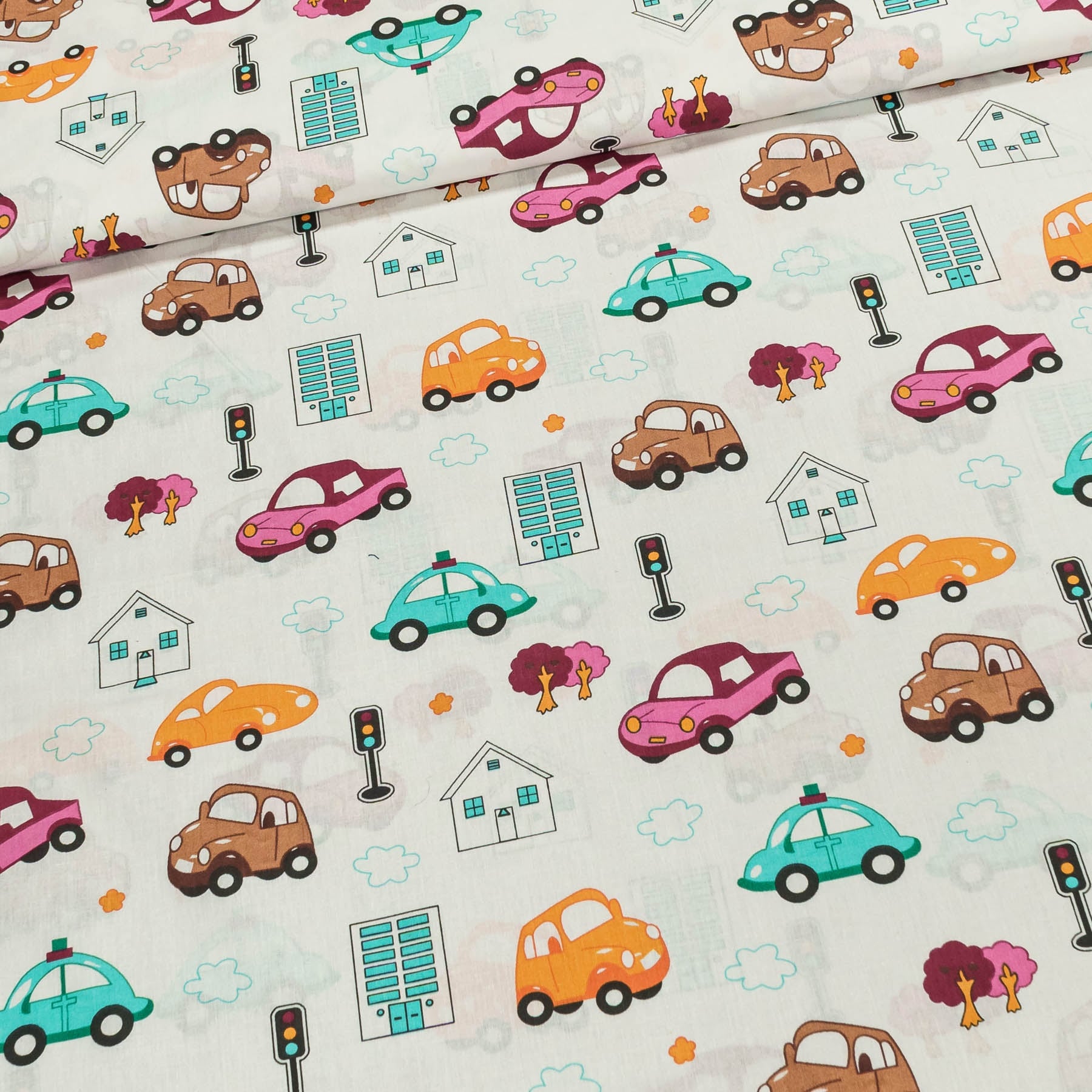 Bavlněné plátno dětské autíčka a semafory na bílé, š.140cm (látka v metráži)