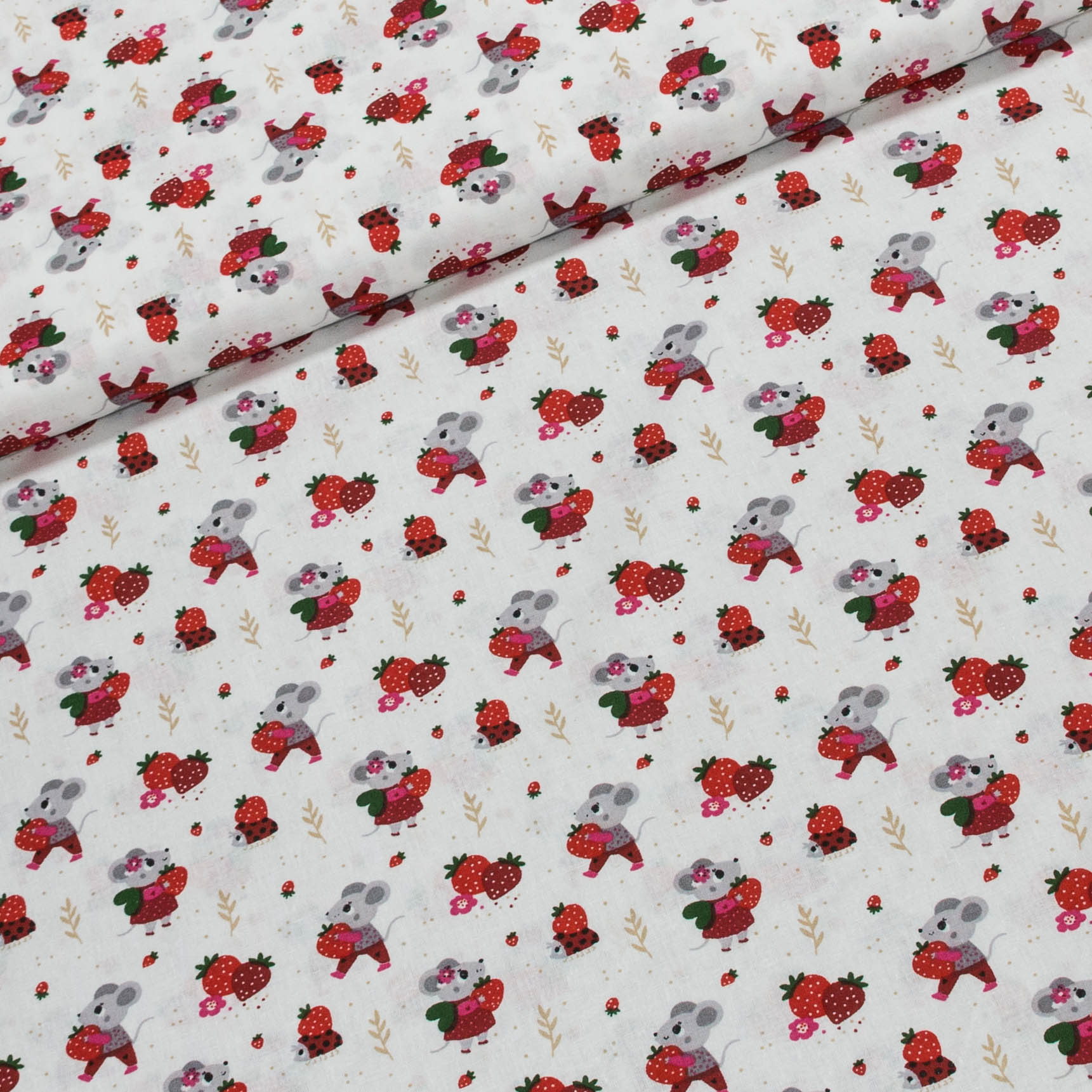 Bavlněné plátno dětské LGD 488001, myšky s jahůdkami na bílé, š.140cm (látka v metráži)