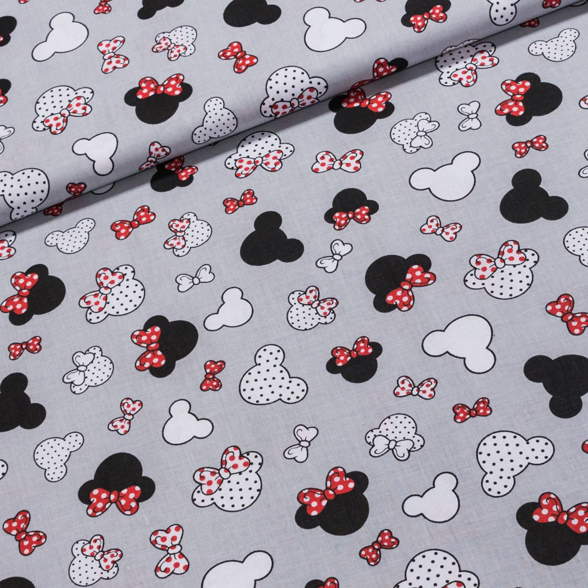 Bavlněné plátno dětské MINNIE, červená s mašlí na šedé, š.160cm (látka v metráži)