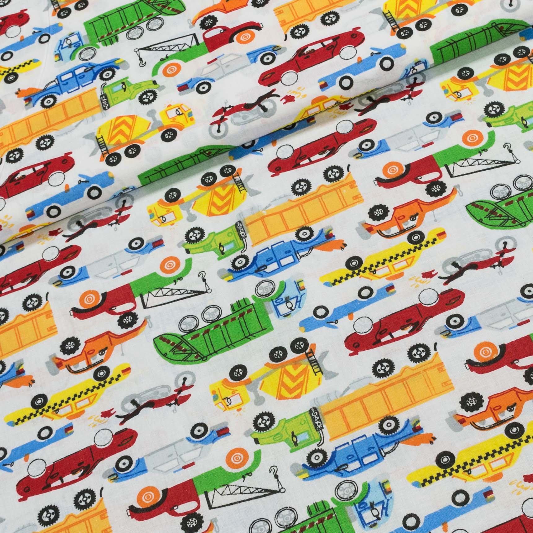 Bavlněné plátno dětské POLO barevná auta na bílé, š.140cm (látka v metráži)