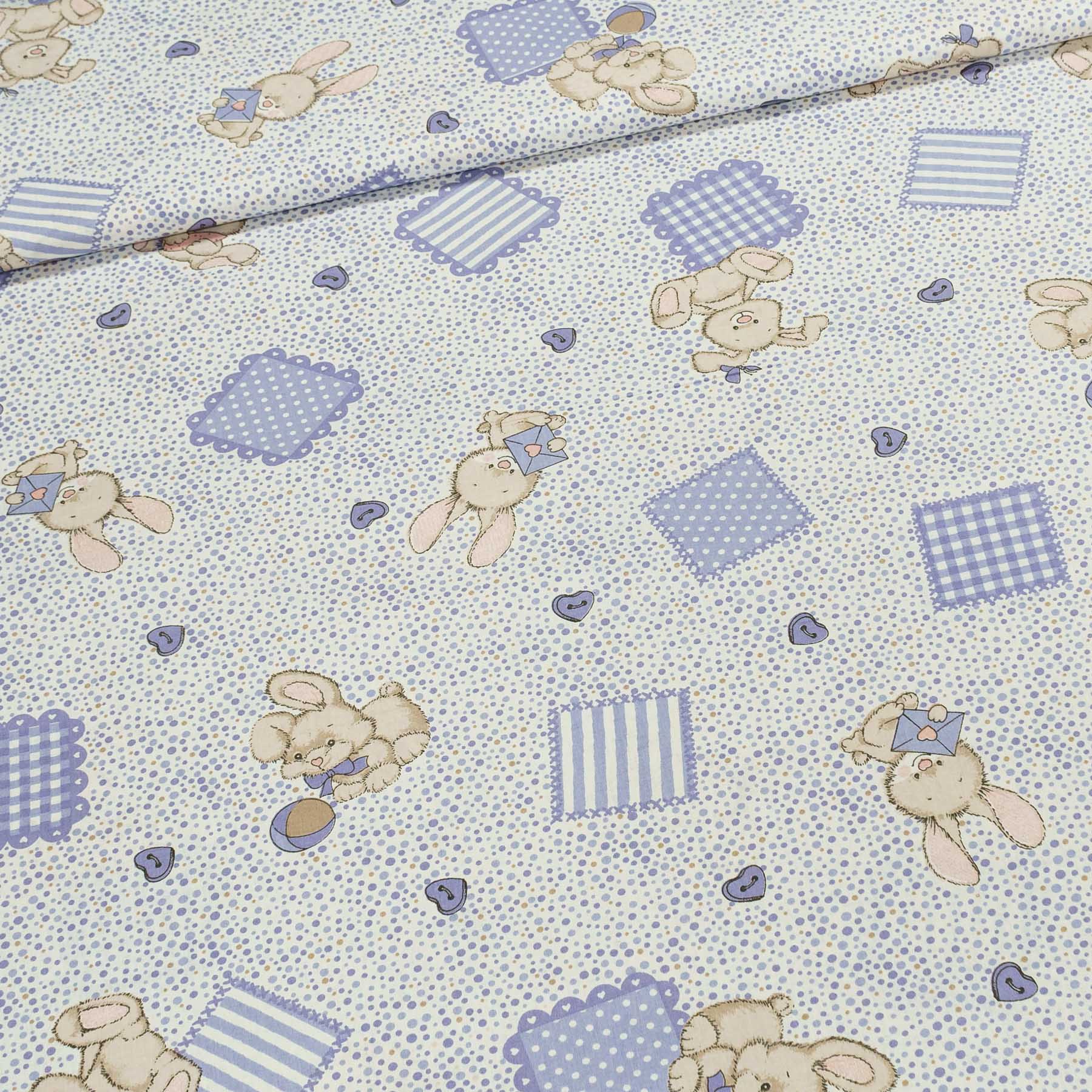 Bavlněné plátno dětské zajíčci na fialovém puntíku, š.140cm (látka v metráži)