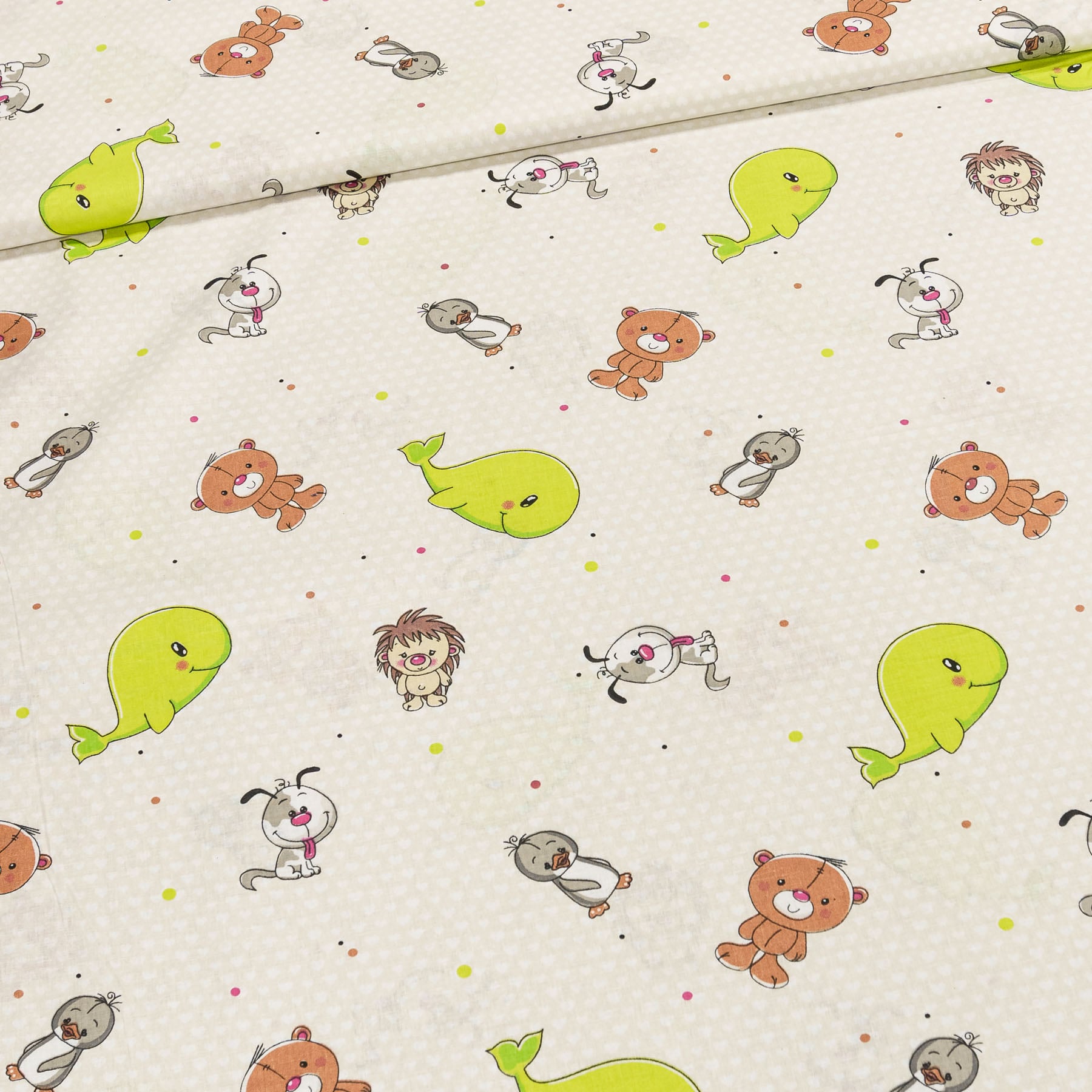 Bavlněné plátno dětské zvířátka a srdíčka na béžové, š.140cm (látka v metráži)
