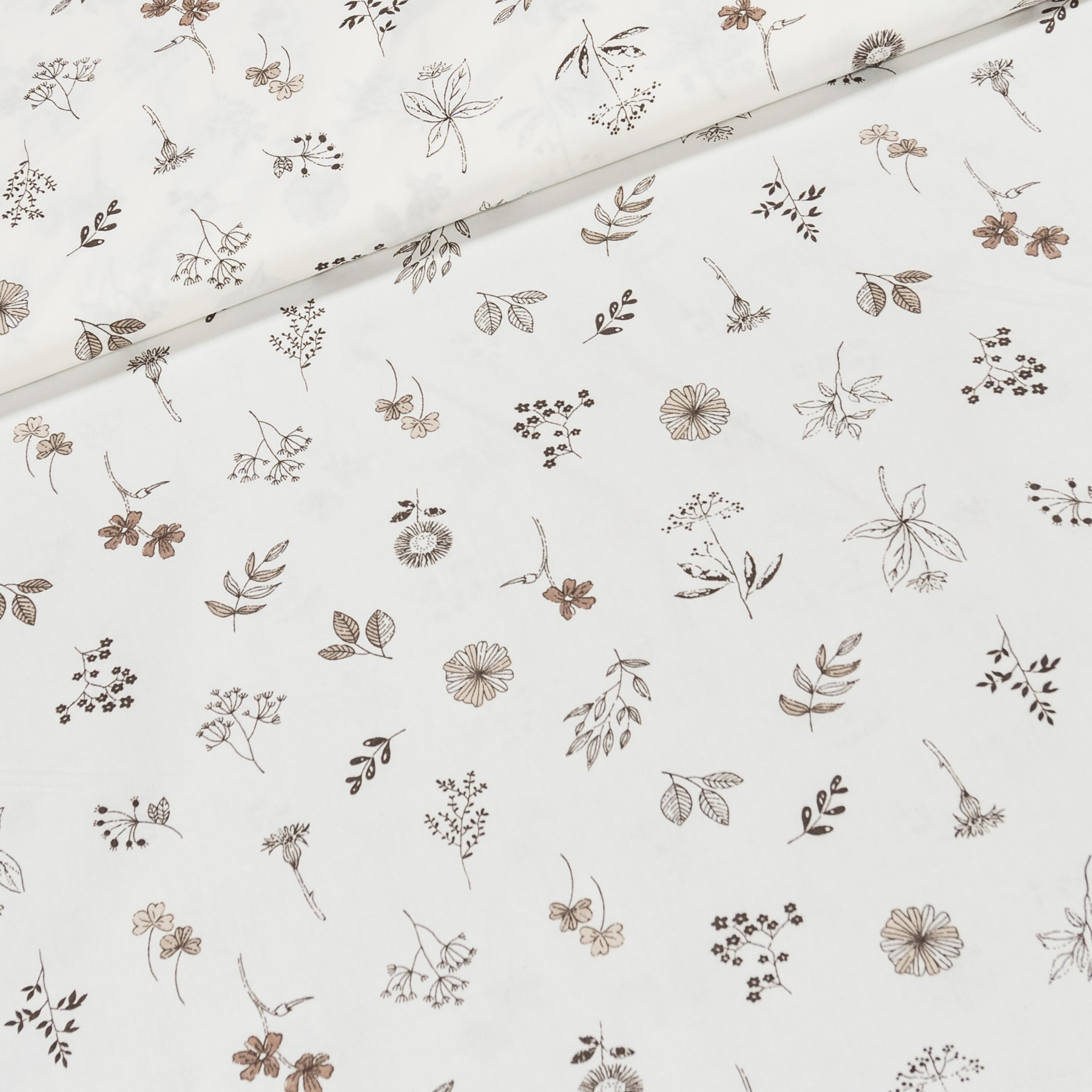 Bavlněné plátno ELIŠKA hnědé bylinky na bílé, š.160cm (látka v metráži)