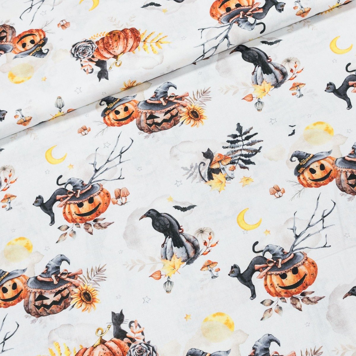 Bavlněné plátno FLITWICK, helloween na bílé, š.150cm (látka v metráži)