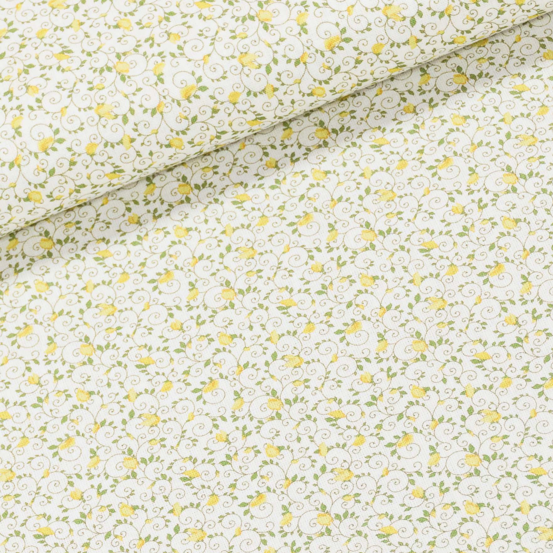 Bavlněné plátno GARDEN 8 AMARIILO, žluté popínavé kytičky na bílé š.150cm (látka v metráži)