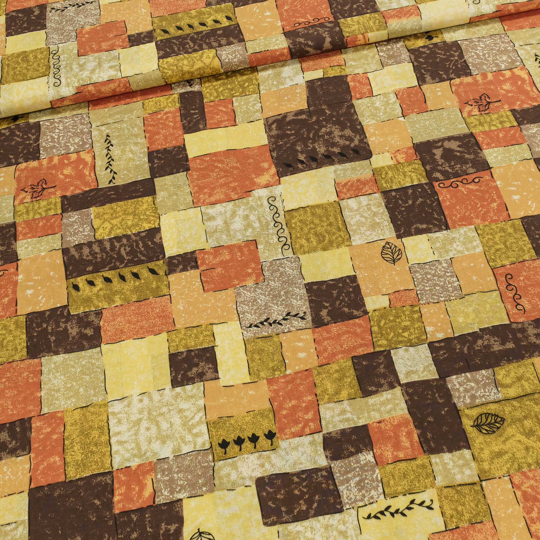 Bavlněné plátno hnědo-rezavé kostky s listy, š.150cm (látka v metráži)