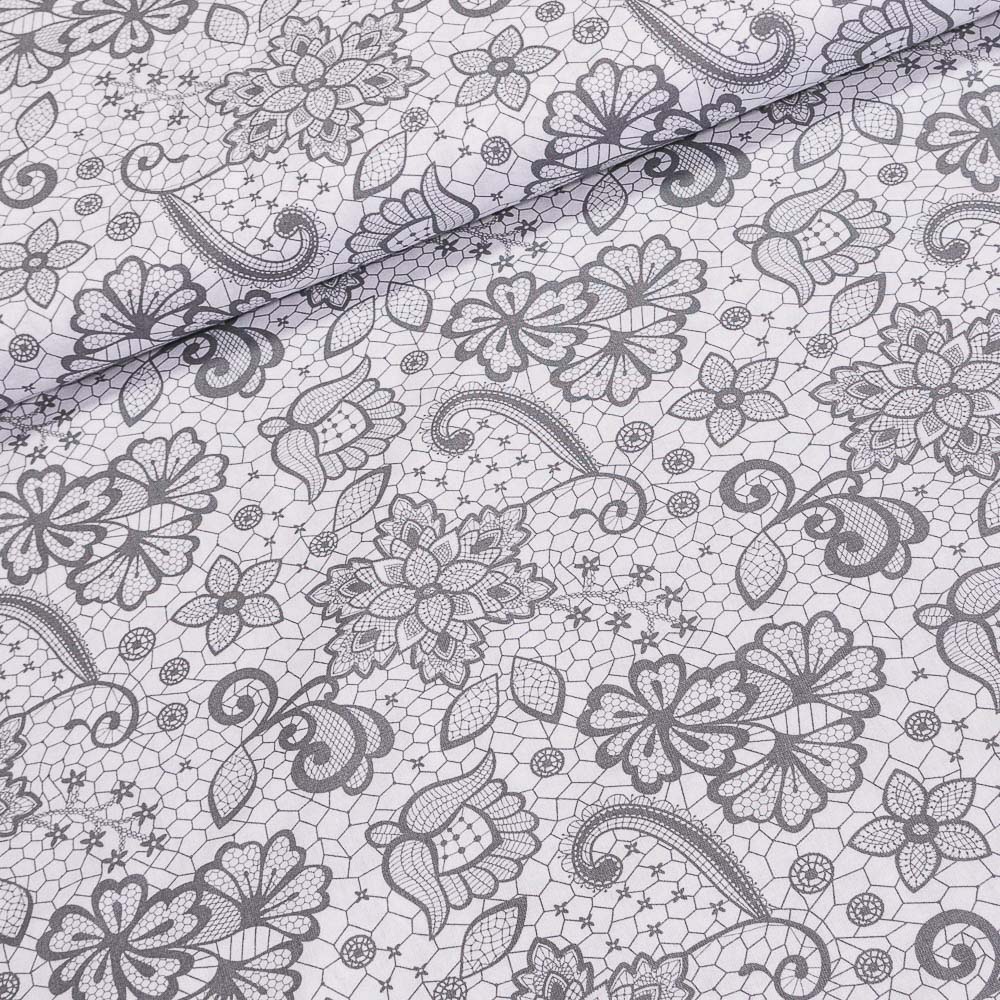 Levně Bavlněné plátno KRAJKA, šedá na bílé. š.160cm (látka v metráži)