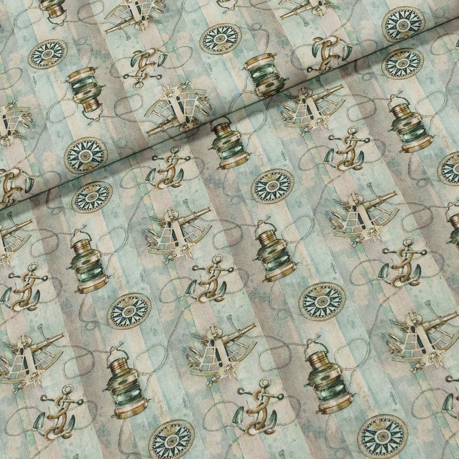 Bavlněné plátno námořnické motivy na modrofialovém proužku, š.150cm (látka v metráži)