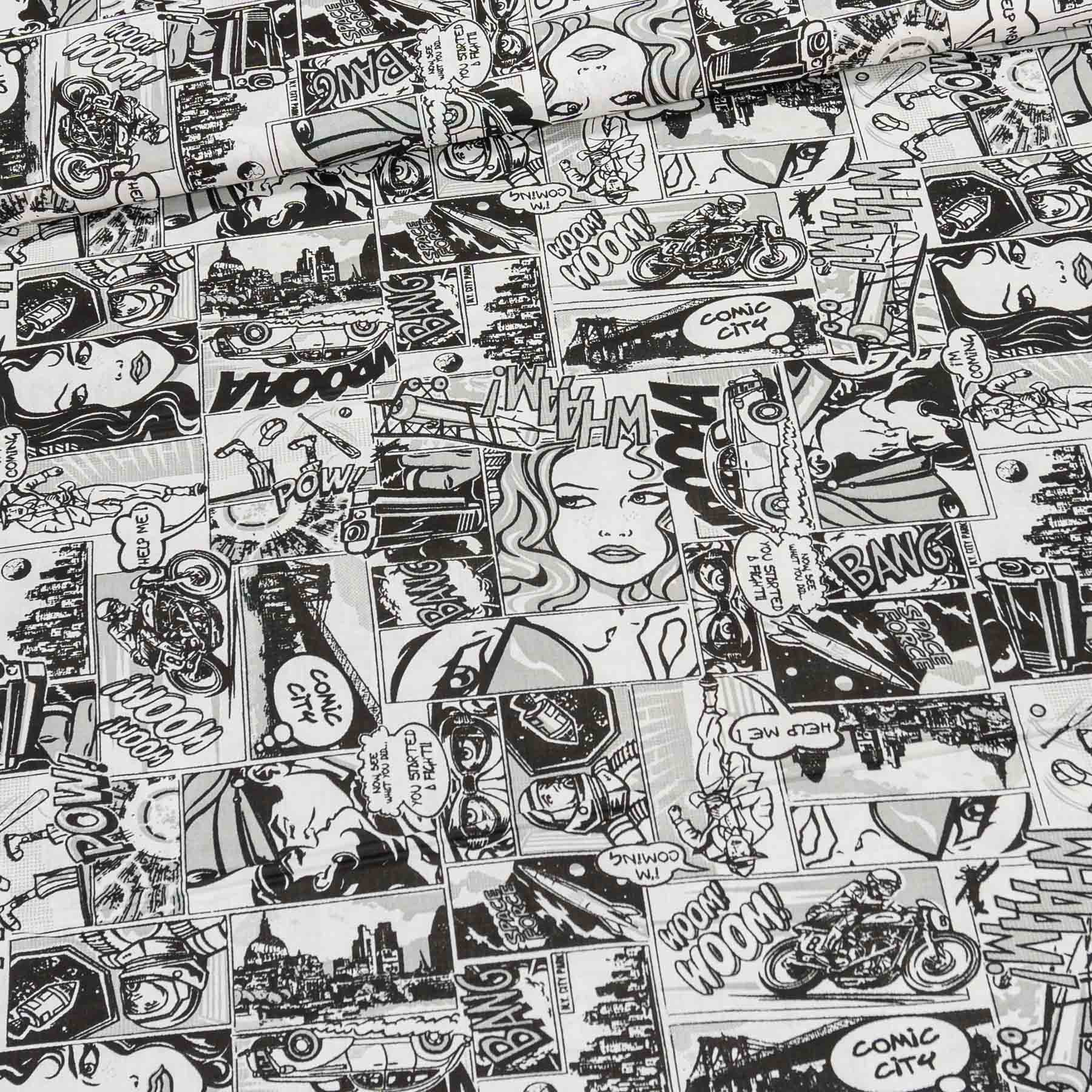 Bavlněné plátno POLO, KOMIKS, černo-bílý, š.140cm (látka v metráži)