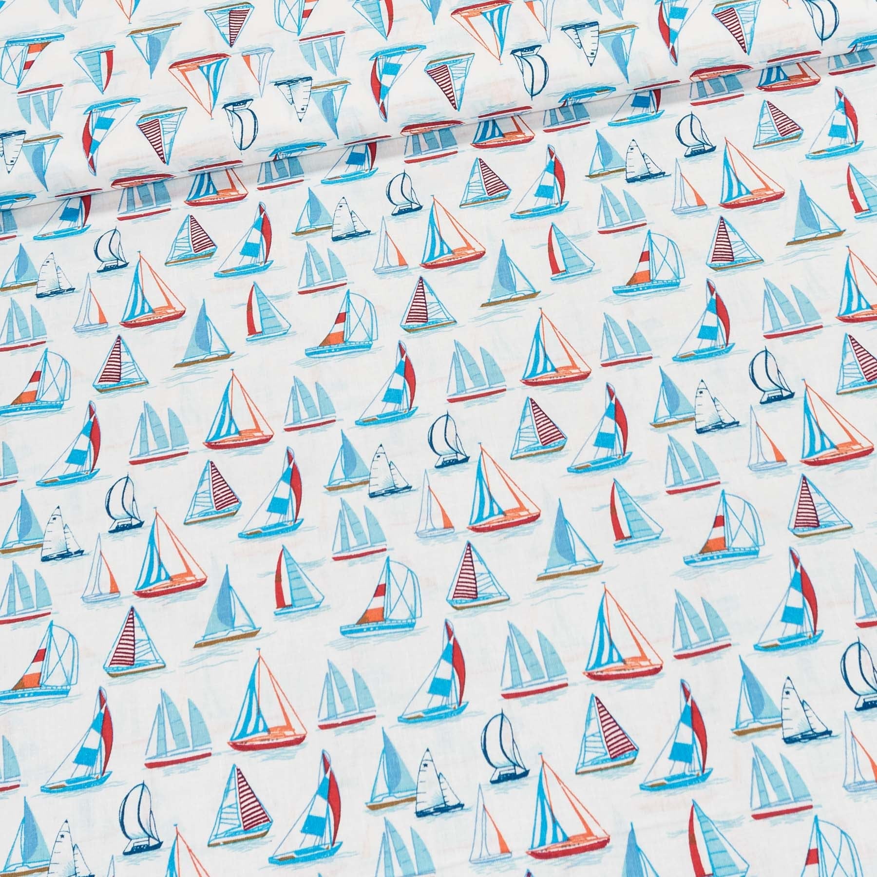 Bavlněné plátno POLO, MODRÉ JACHTY na bílé, š.140cm (látka v metráži)