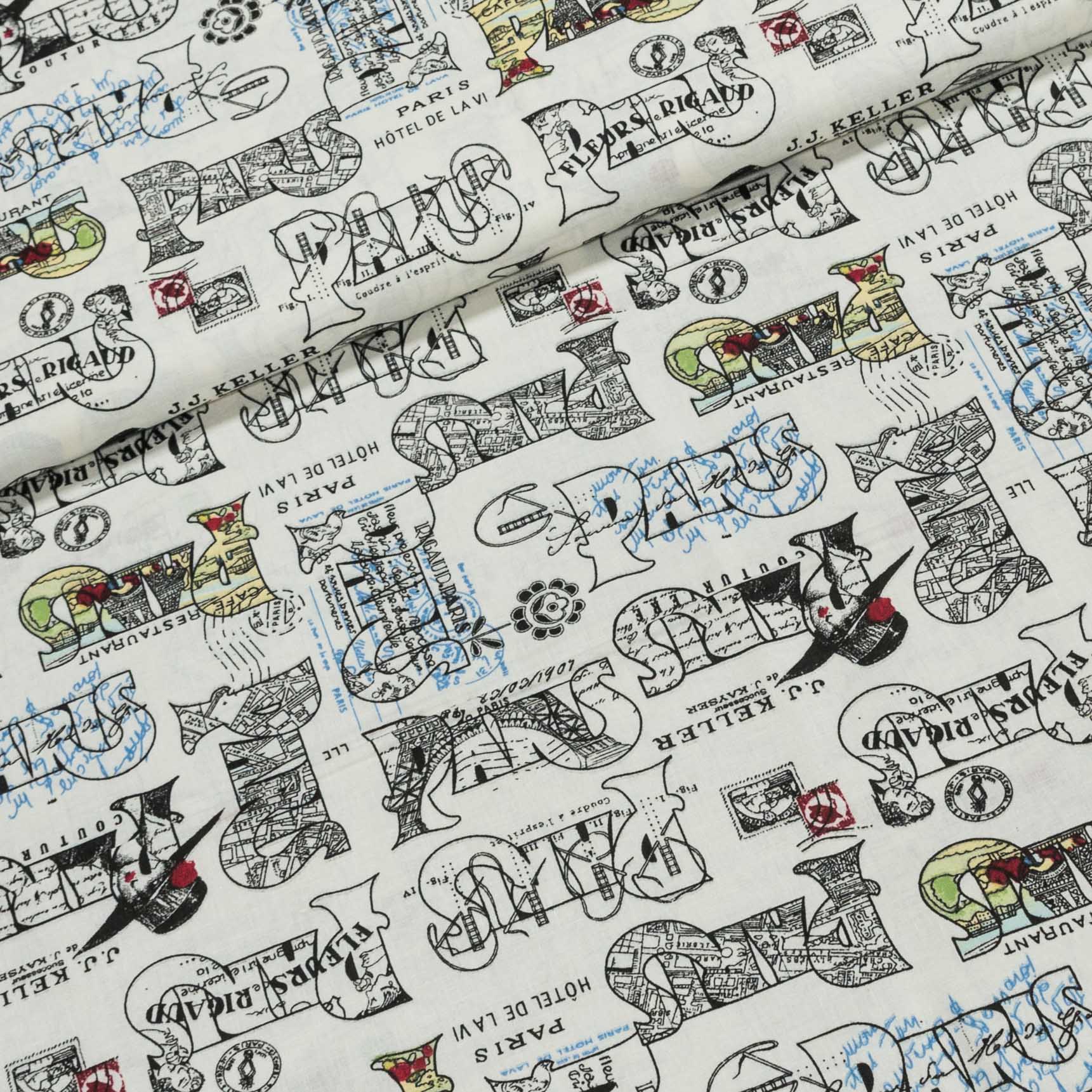 Bavlněné plátno POLO PARIS, zdobené nápisy, smetanová, š.140cm (látka v metráži)