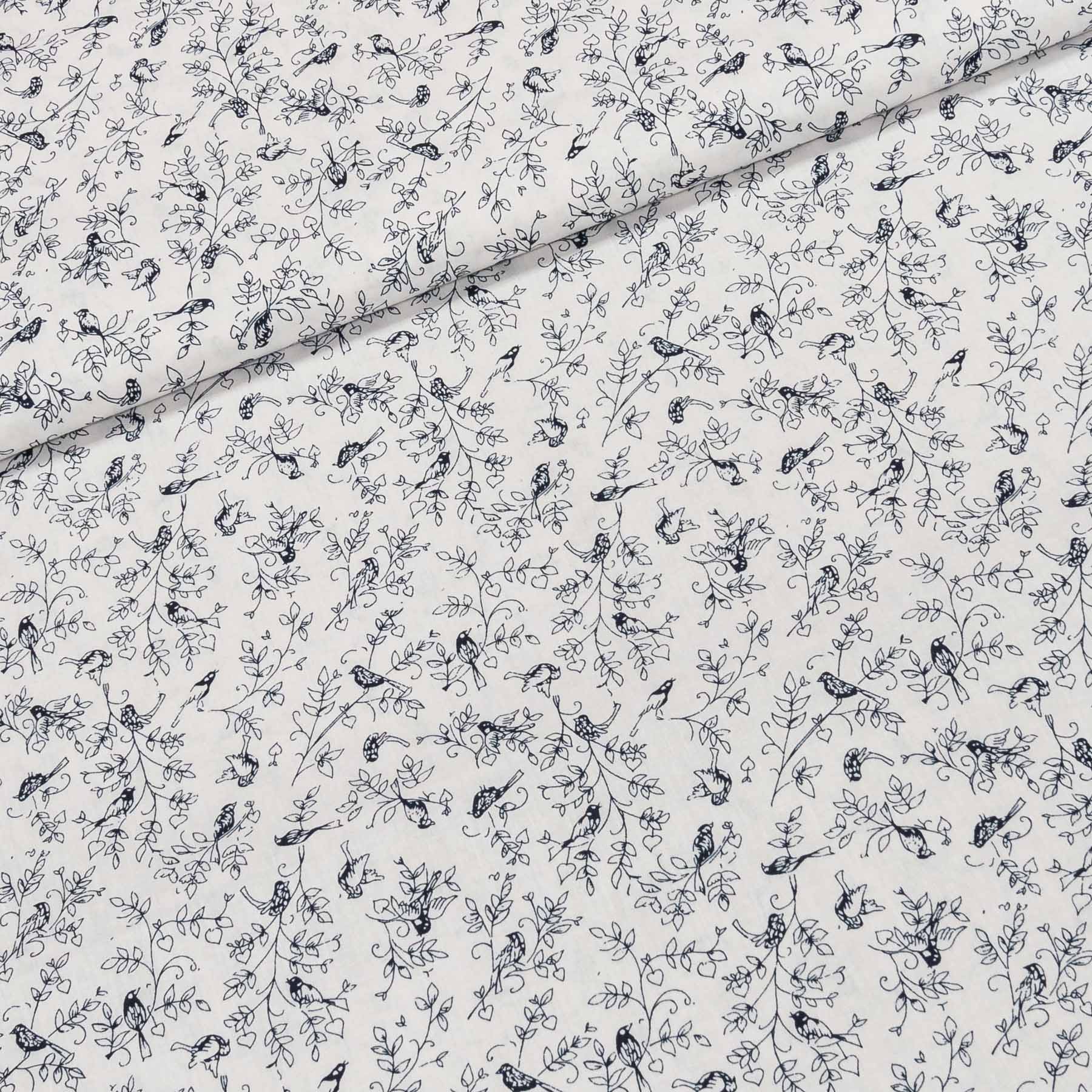 Bavlněné plátno POLO perokresba, ptáčci na větvičce, smetanová, š.140cm (látka v metráži)