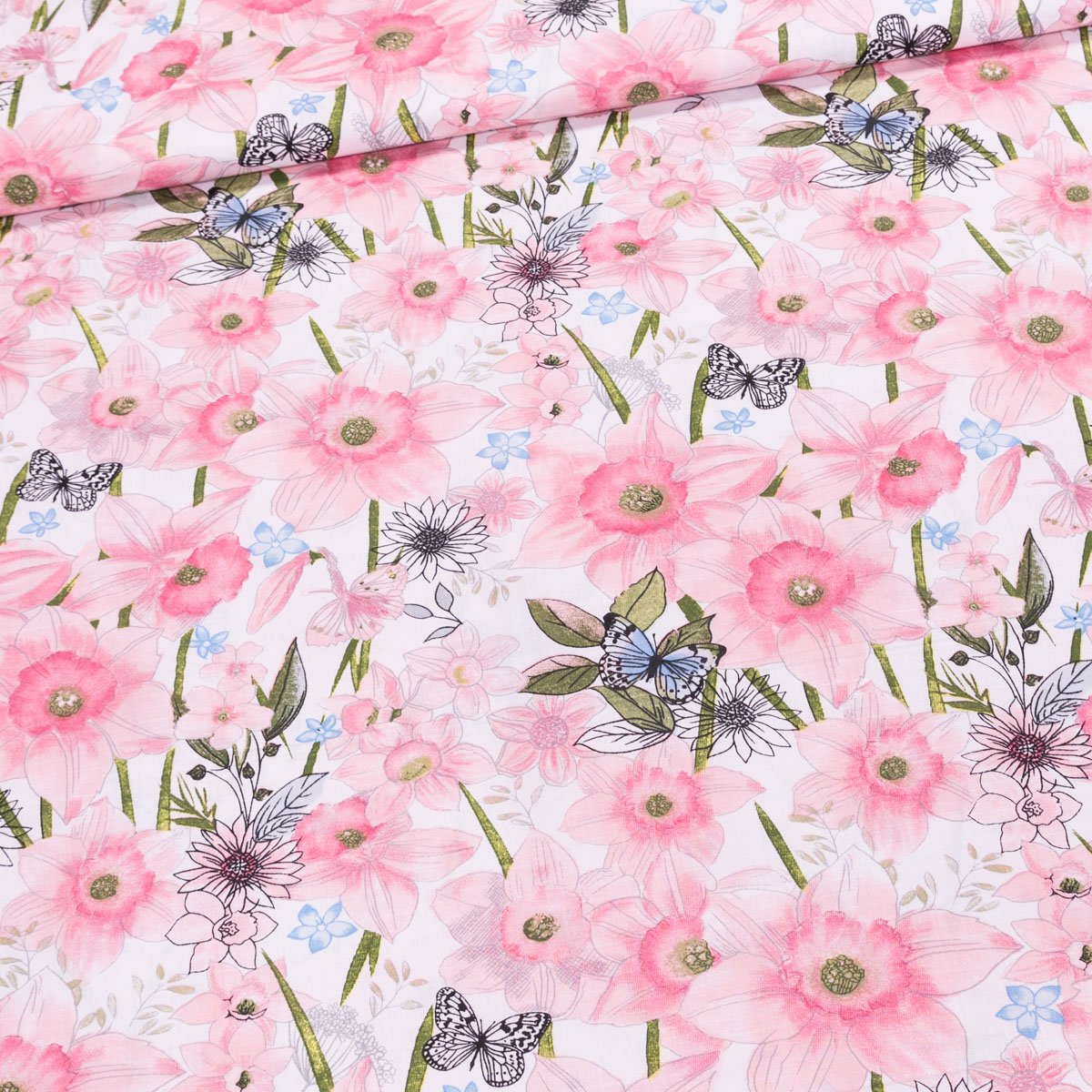 Bavlněné plátno POLO růžové květiny, narcisky, š.140cm (látka v metráži)