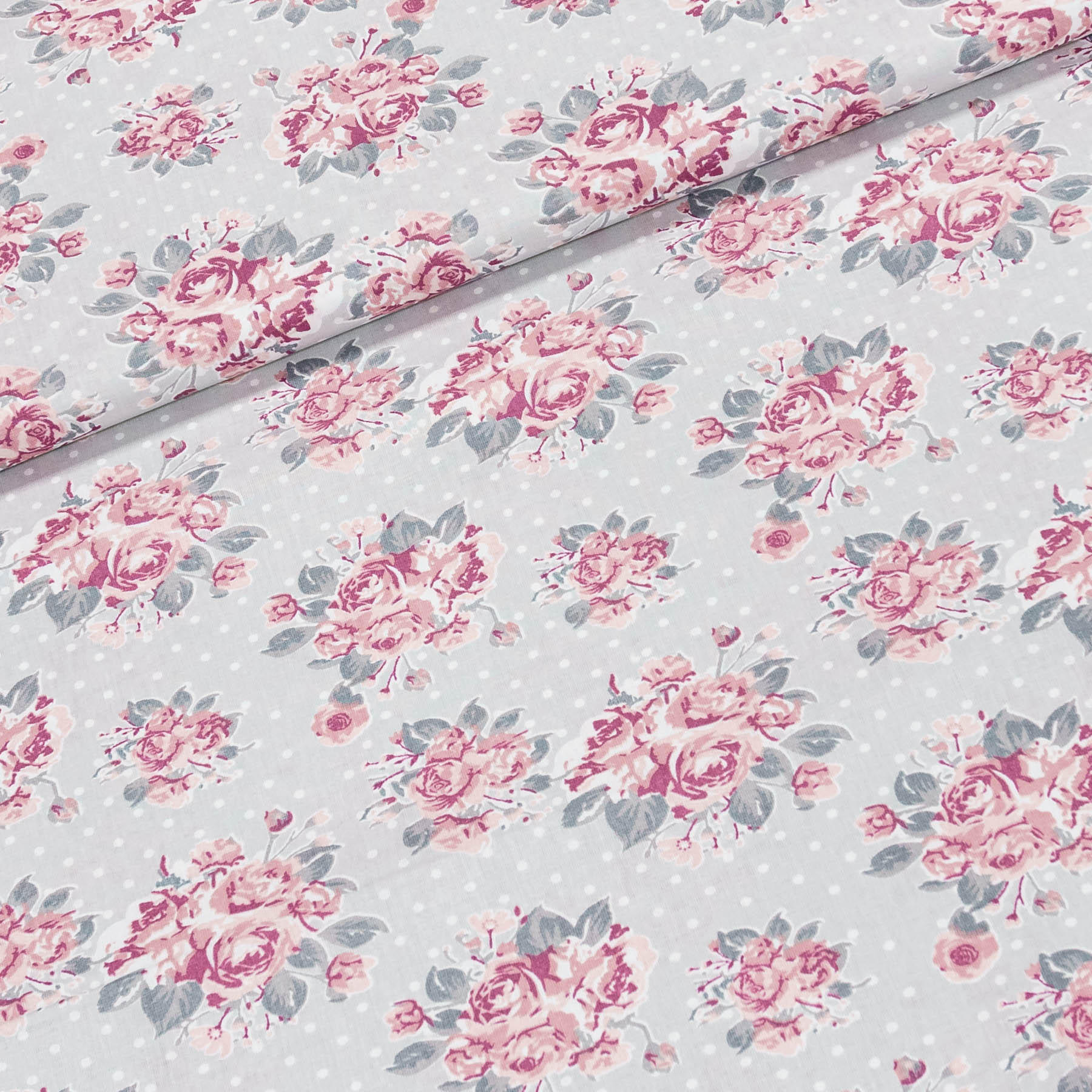 Bavlněné plátno POLO růžové růže na šedé, š.160cm (látka v metráži)