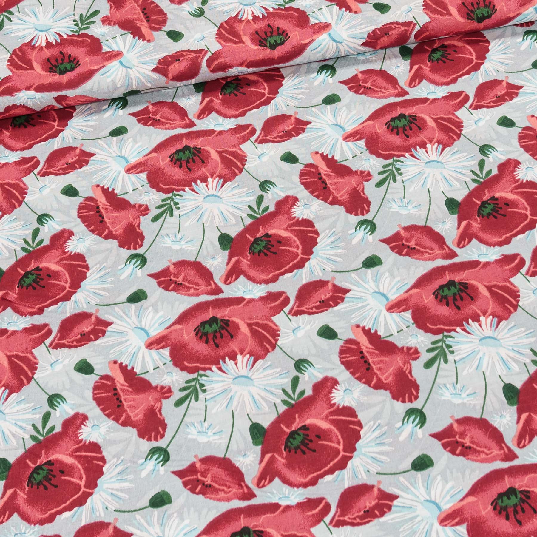 Bavlněné plátno POLO vlčí máky s kopretinami, červená, š.140cm (látka v metráži)