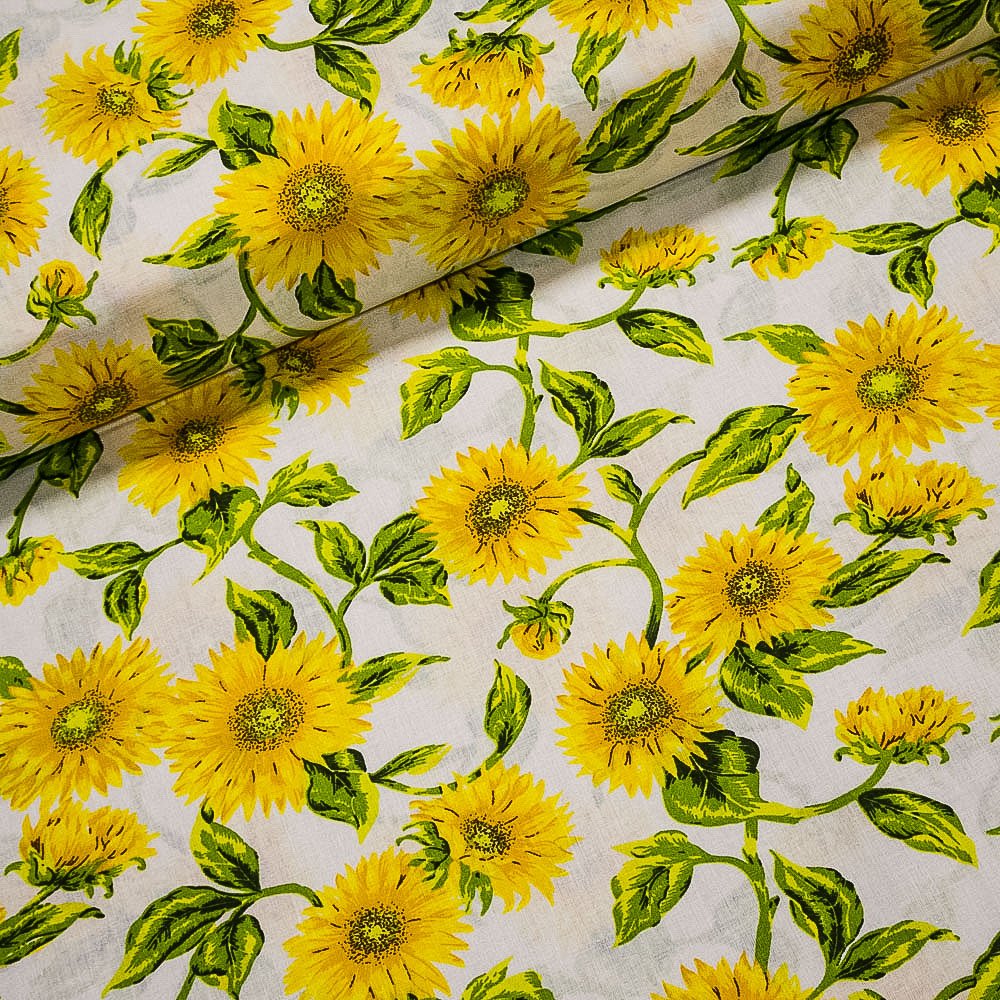 Levně Bavlněné plátno slunečnice na bílé, žlutá, š.140cm (látka v metráži)
