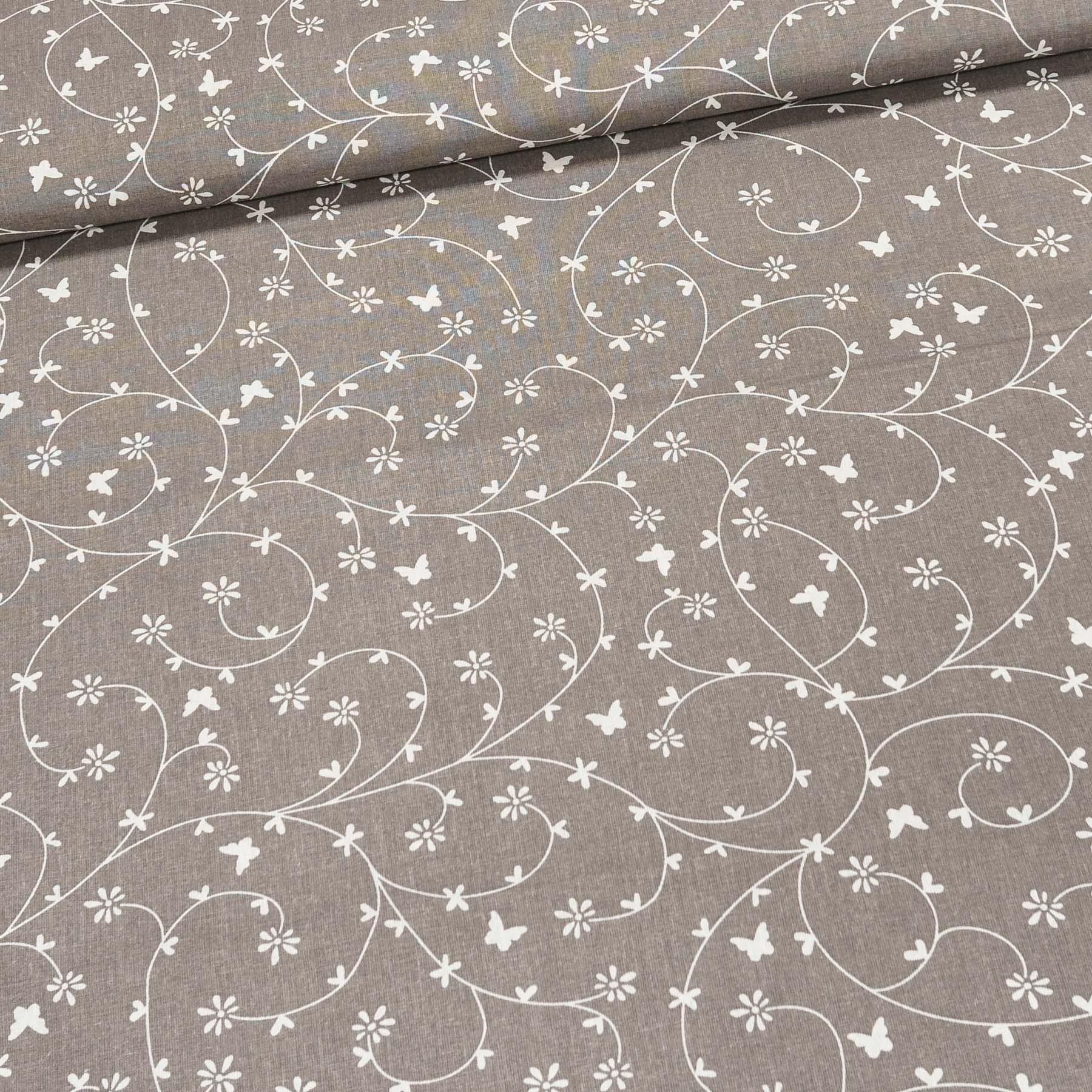 Bavlněné plátno SIMONA popínavé květiny s motýlky na tmavě šedé, š.145cm (látka v metráži)