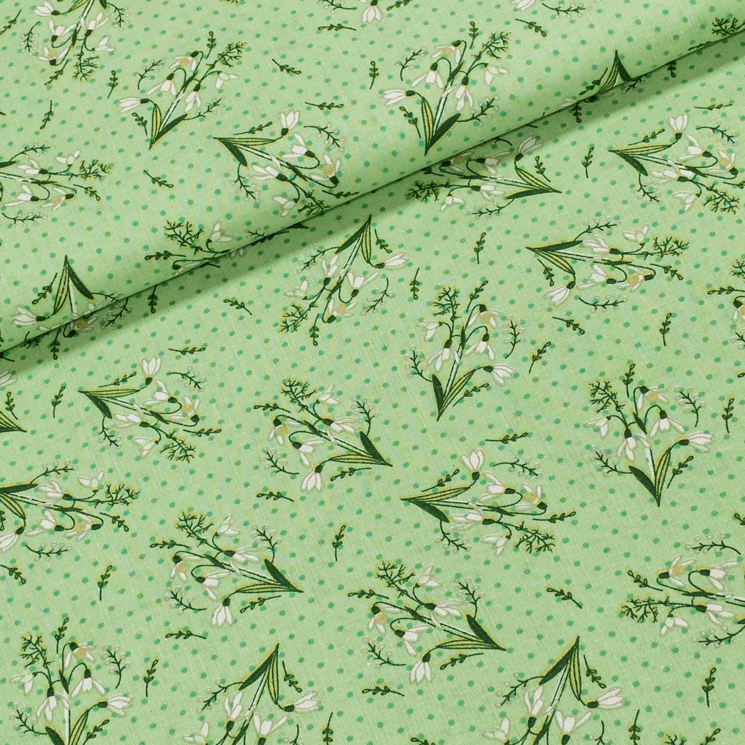 Bavlněné plátno sněženky na světle zelené, š.140cm (látka v metráži)