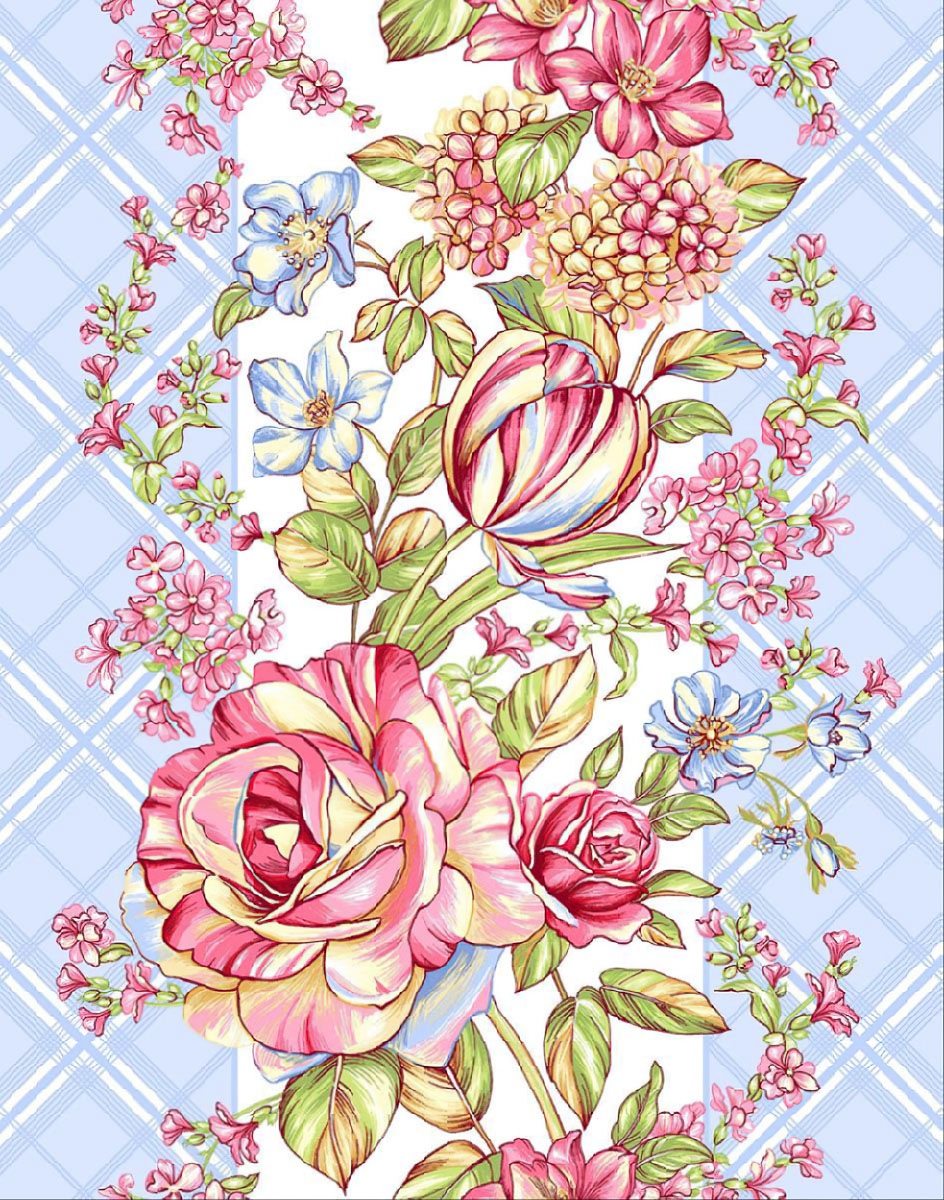 Bavlněné plátno / štola na metráž 703024, pastelové květy, růžovo-modrá, š. 50cm (látka v metráži)