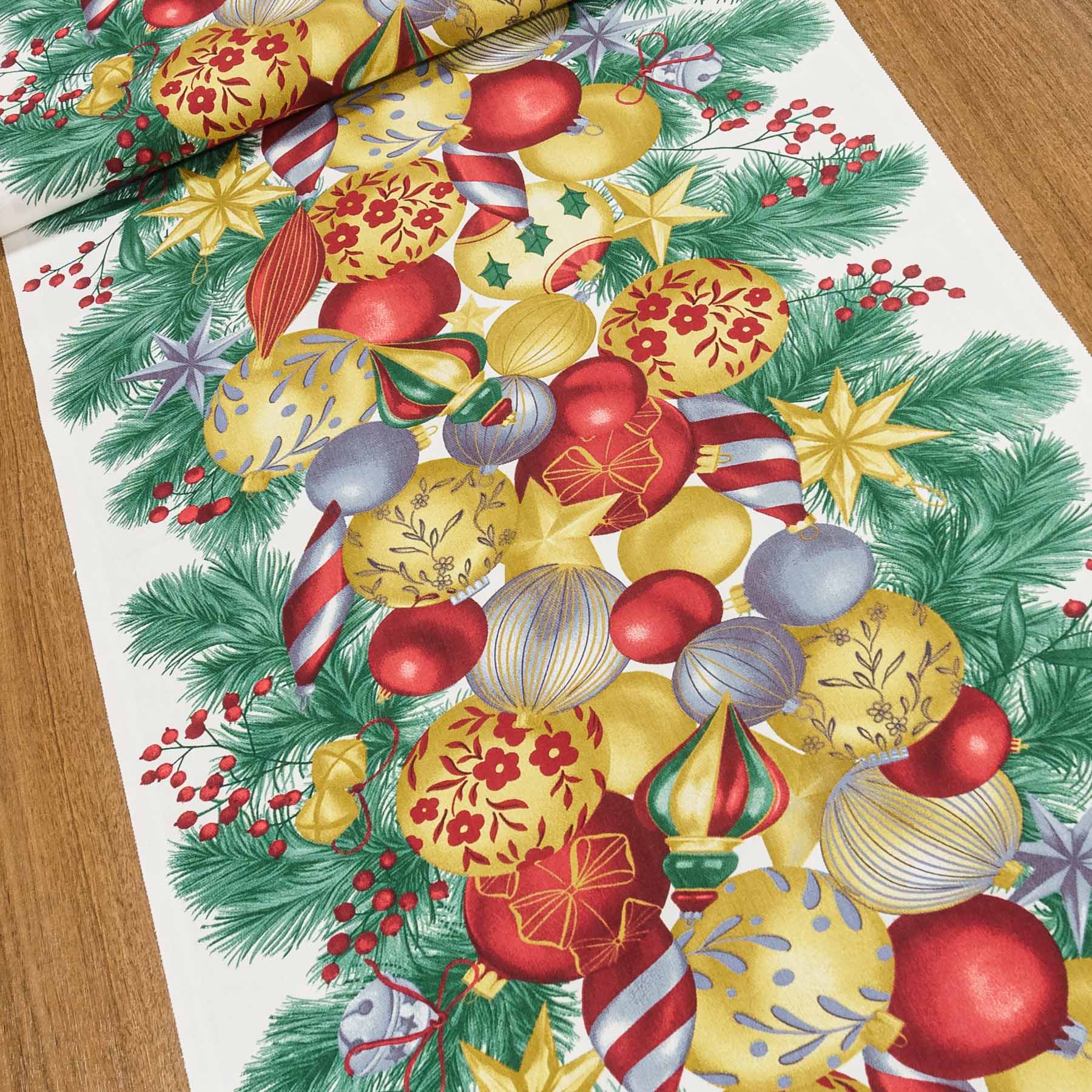Bavlněné plátno / štola na metráž vánoční 703024, zlaté a červené baňky, š. 50cm (látka v metráži)