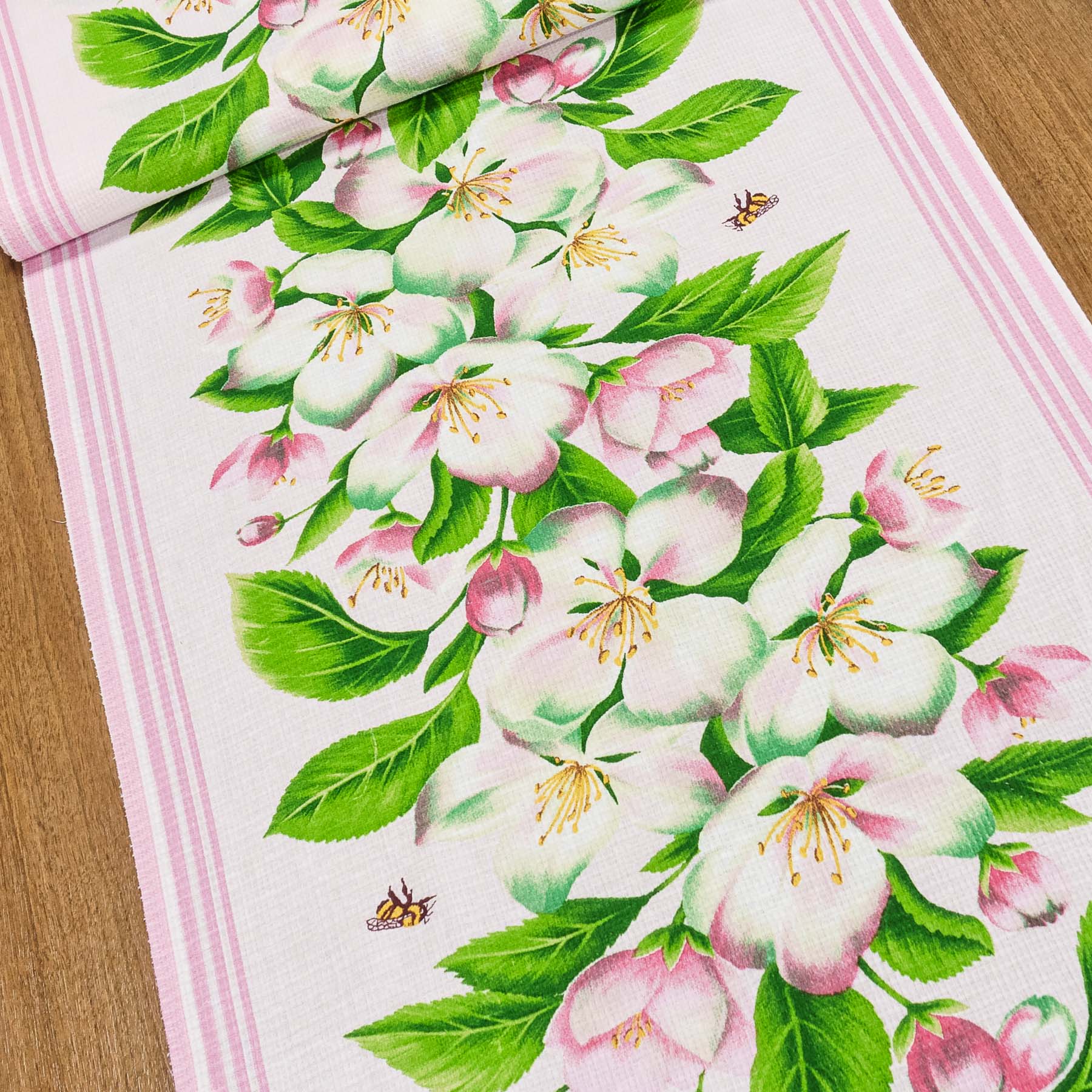 Bavlněné plátno vaflovina, utěrkovina / štola na metráž 703023/29432-1, šípková růže, růžovo-zelená, š. 50cm (látka v metráži)