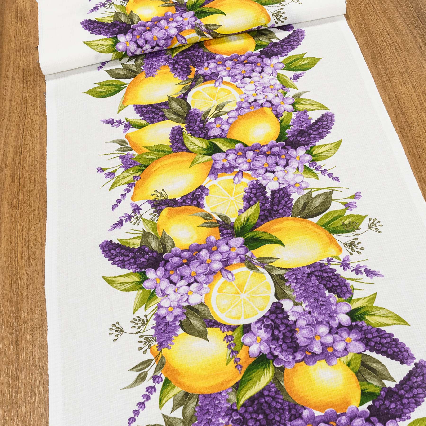 Bavlněné plátno vaflovina, utěrkovina / štola na metráž 703023 citrony a šeřík, fialová, š. 50cm (látka v metráži)