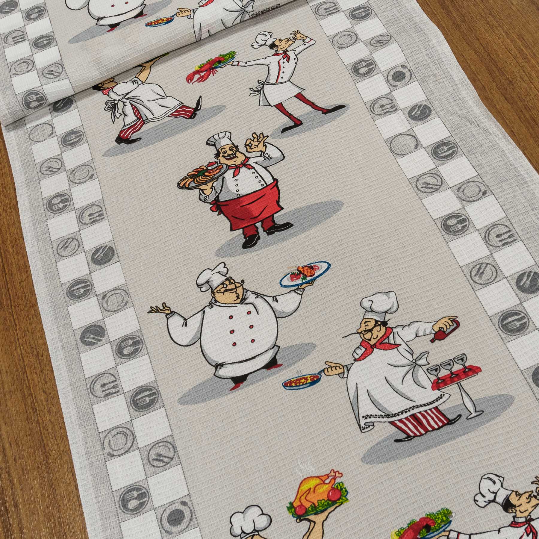 Levně Bavlněné plátno vaflovina, utěrkovina / štola na metráž 703023 kuchaři, šedá, š. 50cm (látka v metráži)