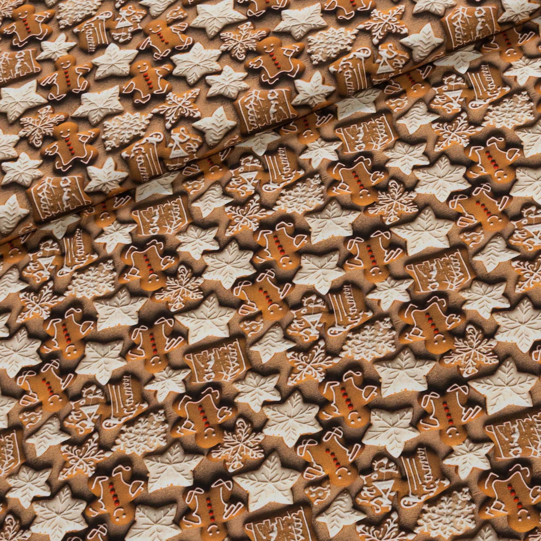 Bavlněné plátno vánoční H242 COOKIES, hnědé perníčky š.150cm (látka v metráži)