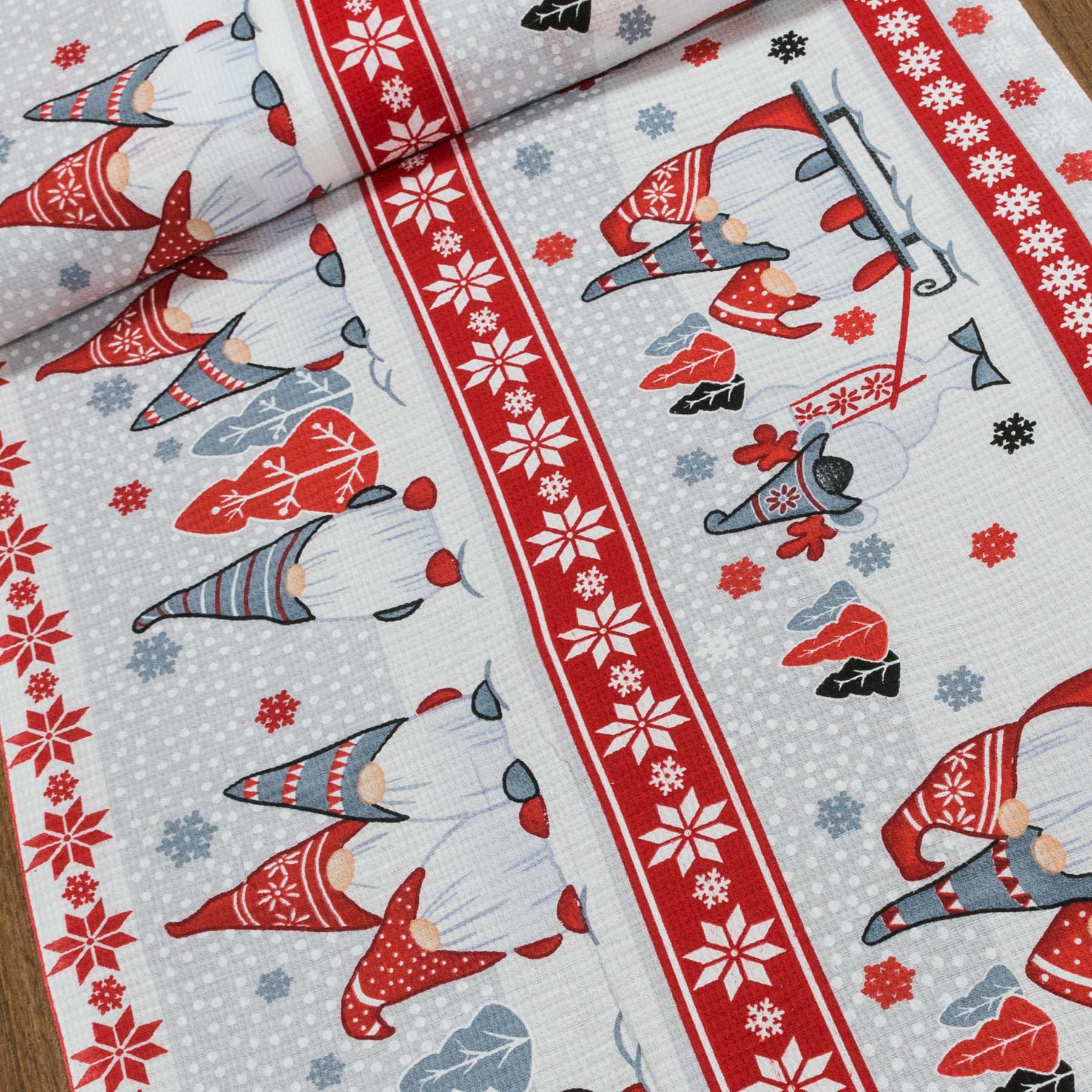 Bavlněné plátno vánoční / štola na metráž 703023, skřítci, červeno-šedá, š. 50cm (látka v metráži)