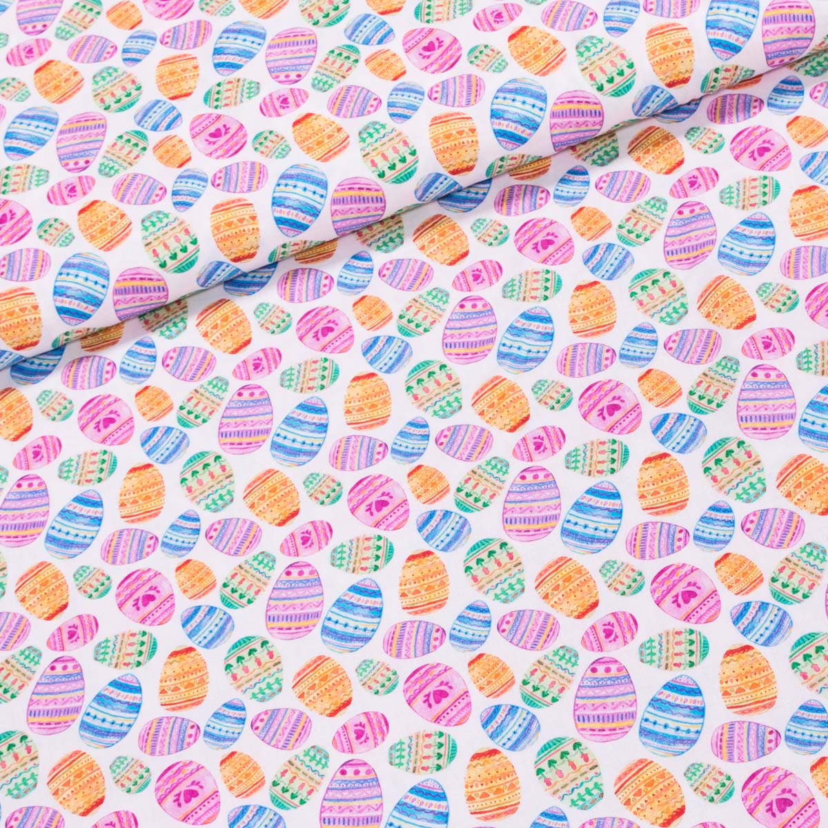 Bavlněné plátno velikonoční TREND OEFS 60 MULTICOLOR, barevná velikonoční vajíčka na bílé, š.150cm (látka v metráži)