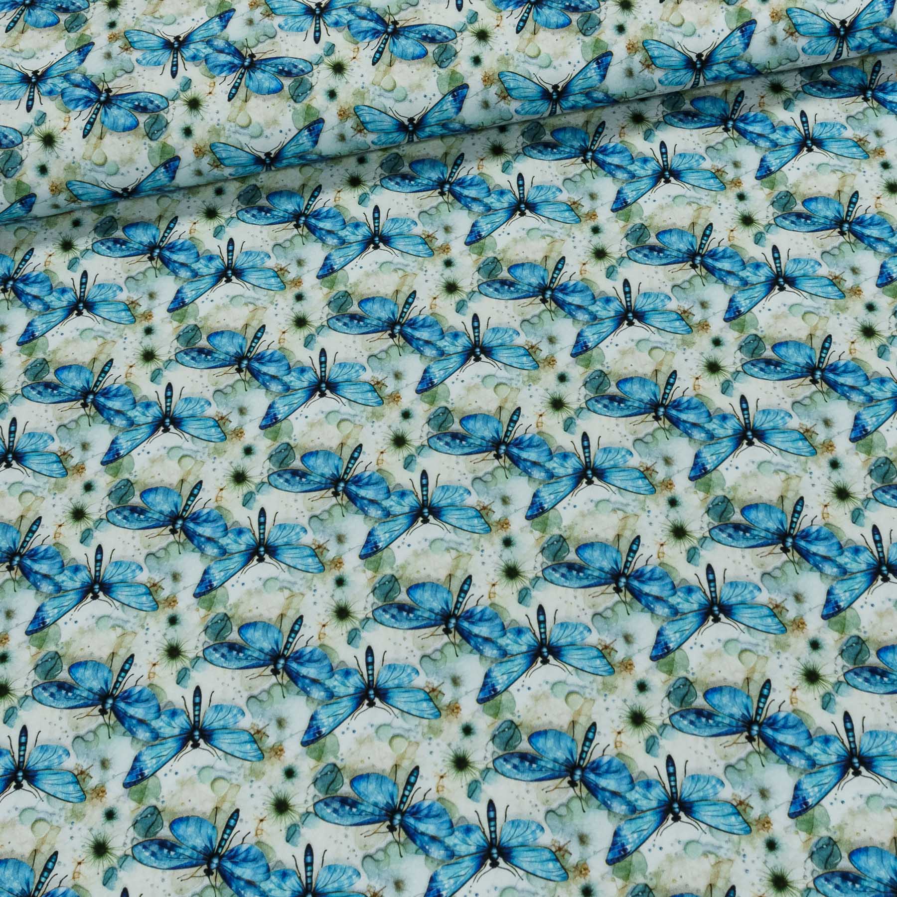 Bavlněný úplet 6-03225, modré vážky, š.140cm (látka v metráži)