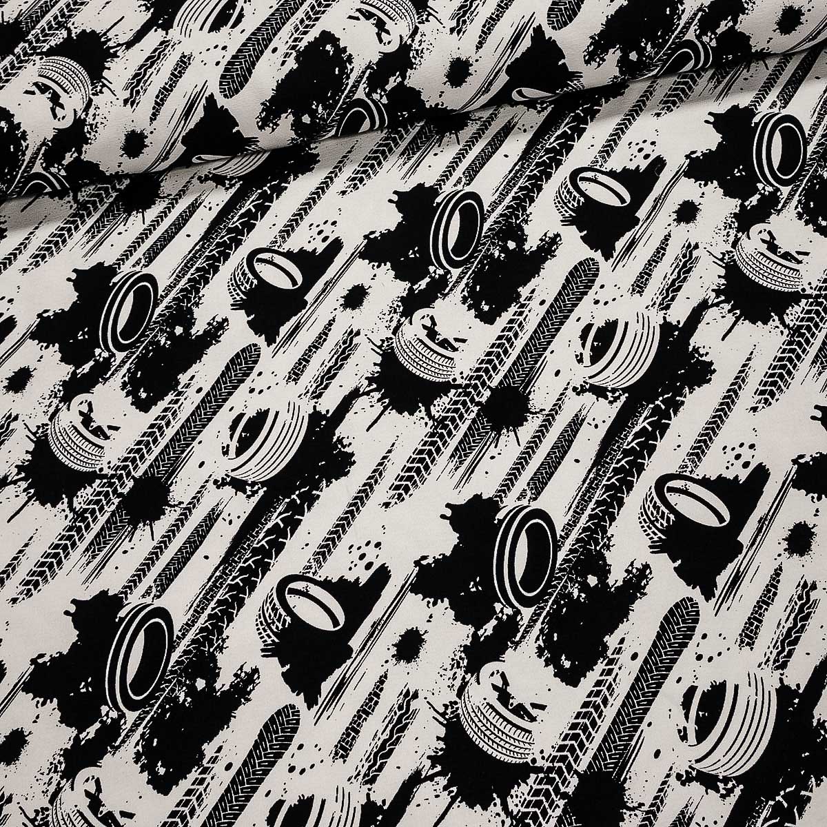 Bavlněný úplet TEPLÁKOVINA 888996 pneumatiky, bílo-černá, š.180cm (látka v metráži)