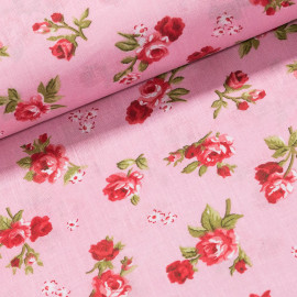 Bavlněné plátno 3227 LEAF ROSA RED růžové květiny na světle růžové, š.140cm (látka v metráži)