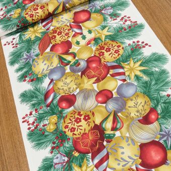 Bavlněné plátno / štola na metráž vánoční 703024, zlaté a červené baňky, š. 50cm (látka v metráži)