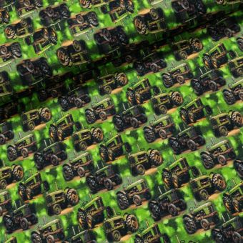 Bavlněný úplet dětský TEPLÁKOVINA 6-00824 DIGITÁLNÍ TISK traktory na zelené, š.140cm (látka v metráži)