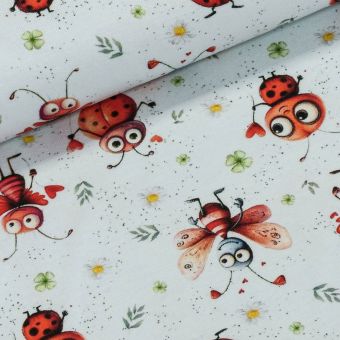 Bavlněný úplet dětský DIGITÁLNÍ TISK 6-00725, berušky na bílé, š.142cm (látka v metráži)